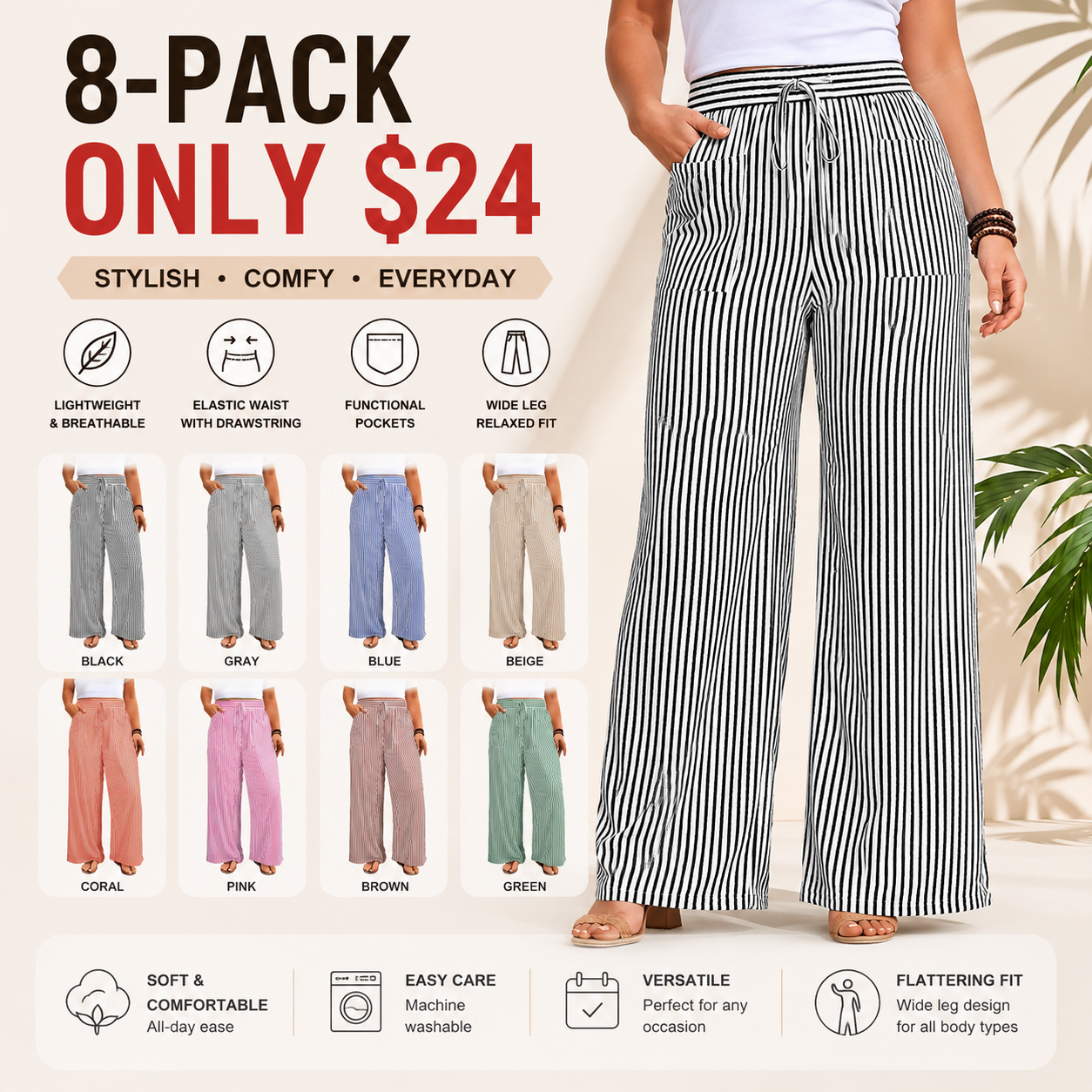 🔥LAST DAY SALE 90% OFF💕Striped Wide-Leg Palazzo Pants