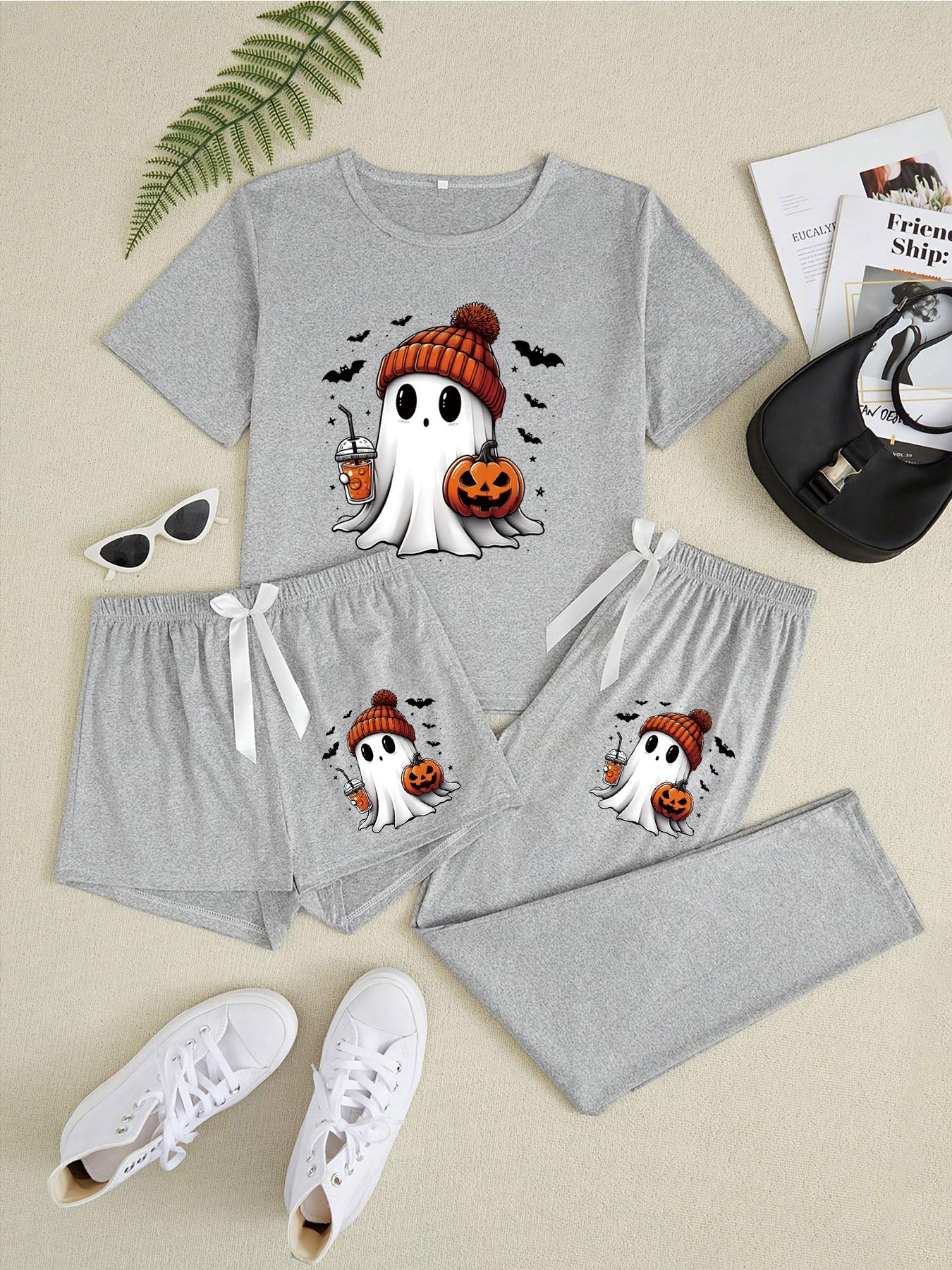 Halloween Ghost Pumpkin Print Pajama Set for Women, Casual Fitted Sleepwear, All-Season Comfortable Nightwear Pjs, Matching Loungewear Set