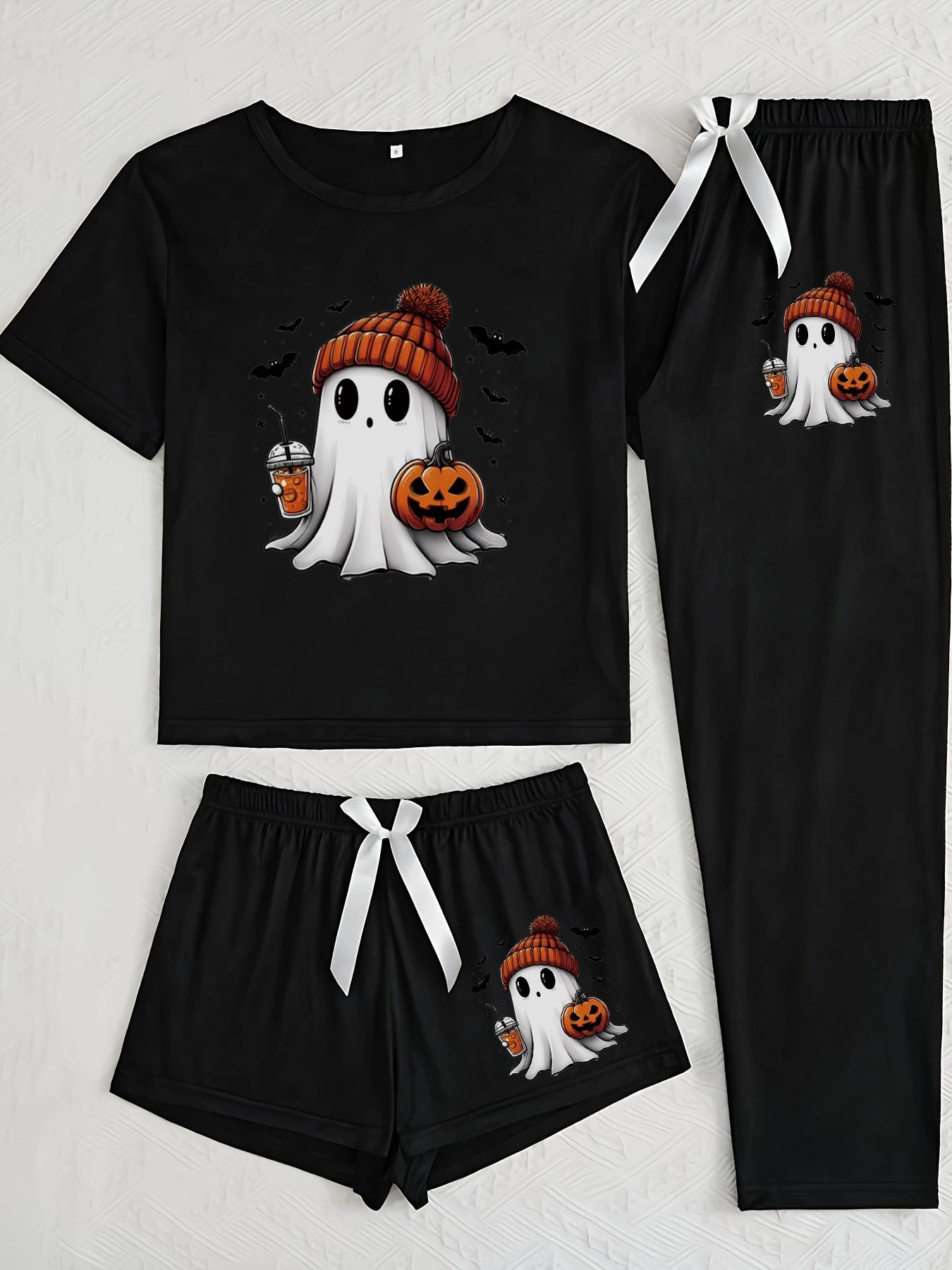 Halloween Ghost Pumpkin Print Pajama Set for Women, Casual Fitted Sleepwear, All-Season Comfortable Nightwear Pjs, Matching Loungewear Set
