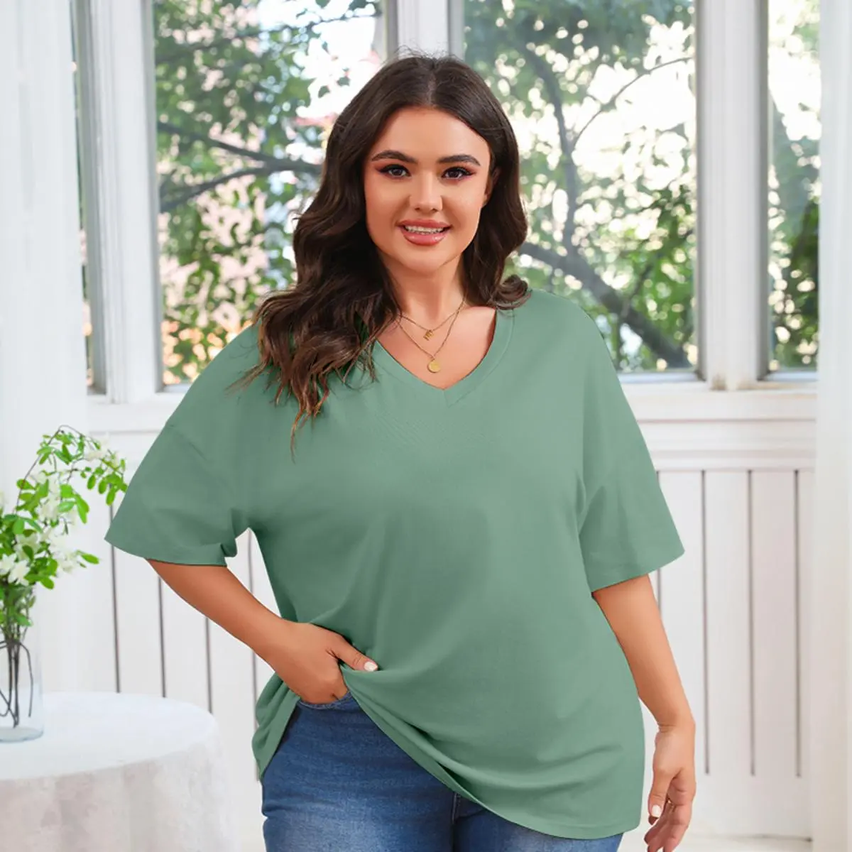 Tankaneo  Women's Plus Size V Neck T Shirts Summer Half Sleeve Tees Casual Loose Fit Cotton Tunic Tops
