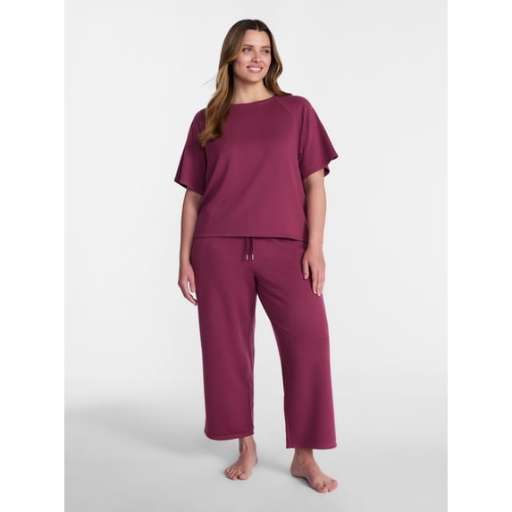 Women's Ultra-Soft French Terry 2-Piece Lounge Set - Raglan Short Sleeve Top & Capri Pants