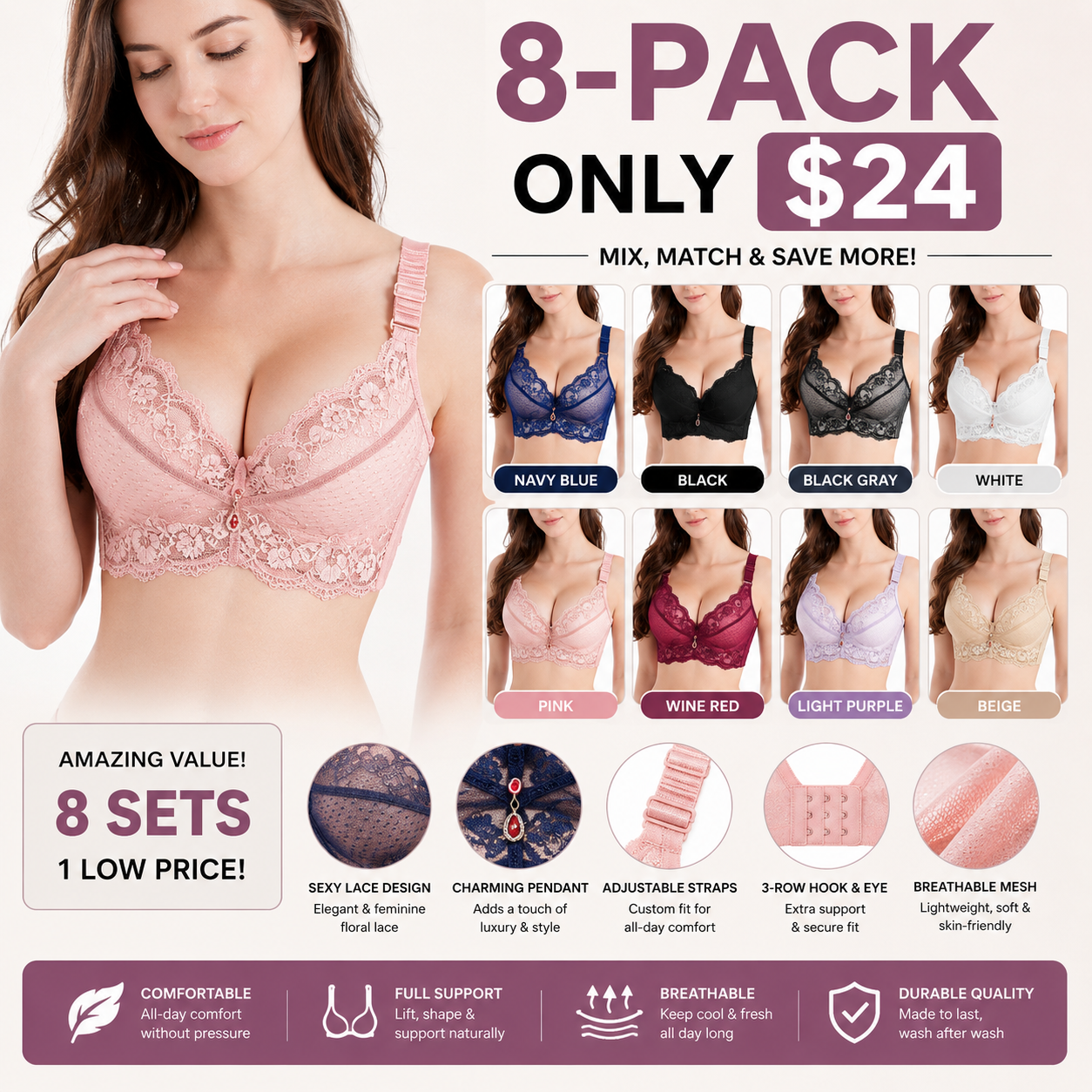 ✨LAST DAY SALE 70% OFF💕Padded Push Up Lace Bras for Women Underwire Bras Comfort Floral
