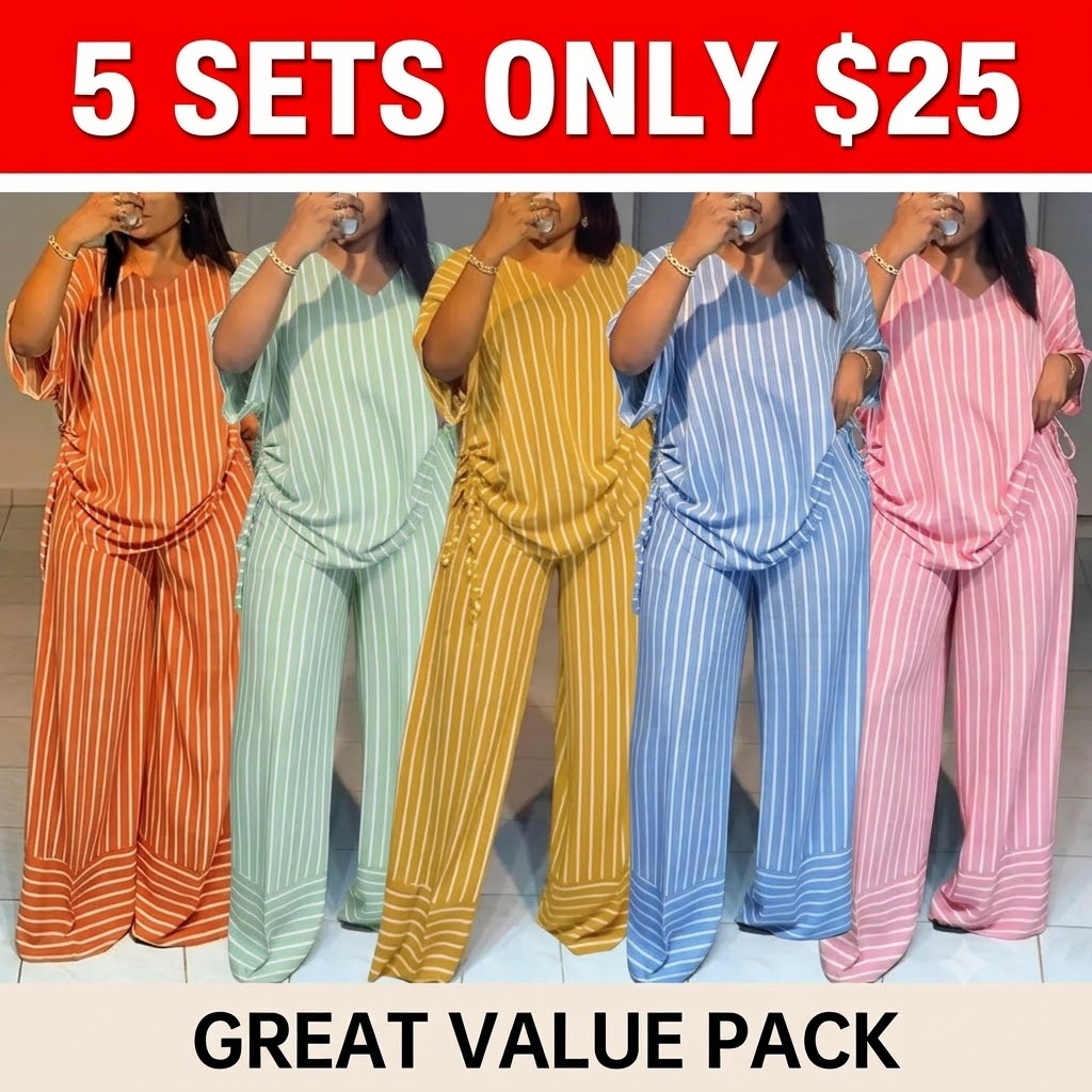 BreezeStyle Striped V-Neck Drawstring Wide-Leg Set