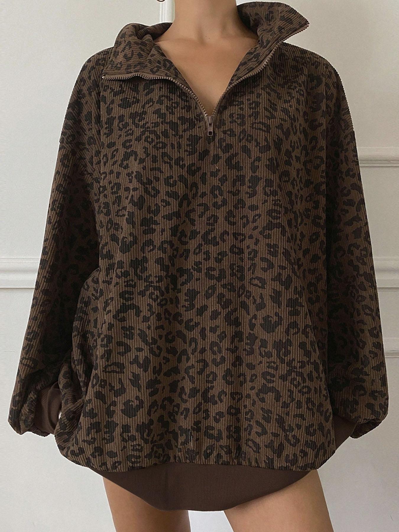 Women's Leopard Print Half Zip Pullover Oversized Drop Shoulder Long Sleeve Top Contrast Cuff & Hem Loose Relaxed Fit Casual Streetwear Trendy Animal Pattern Sweatshirt