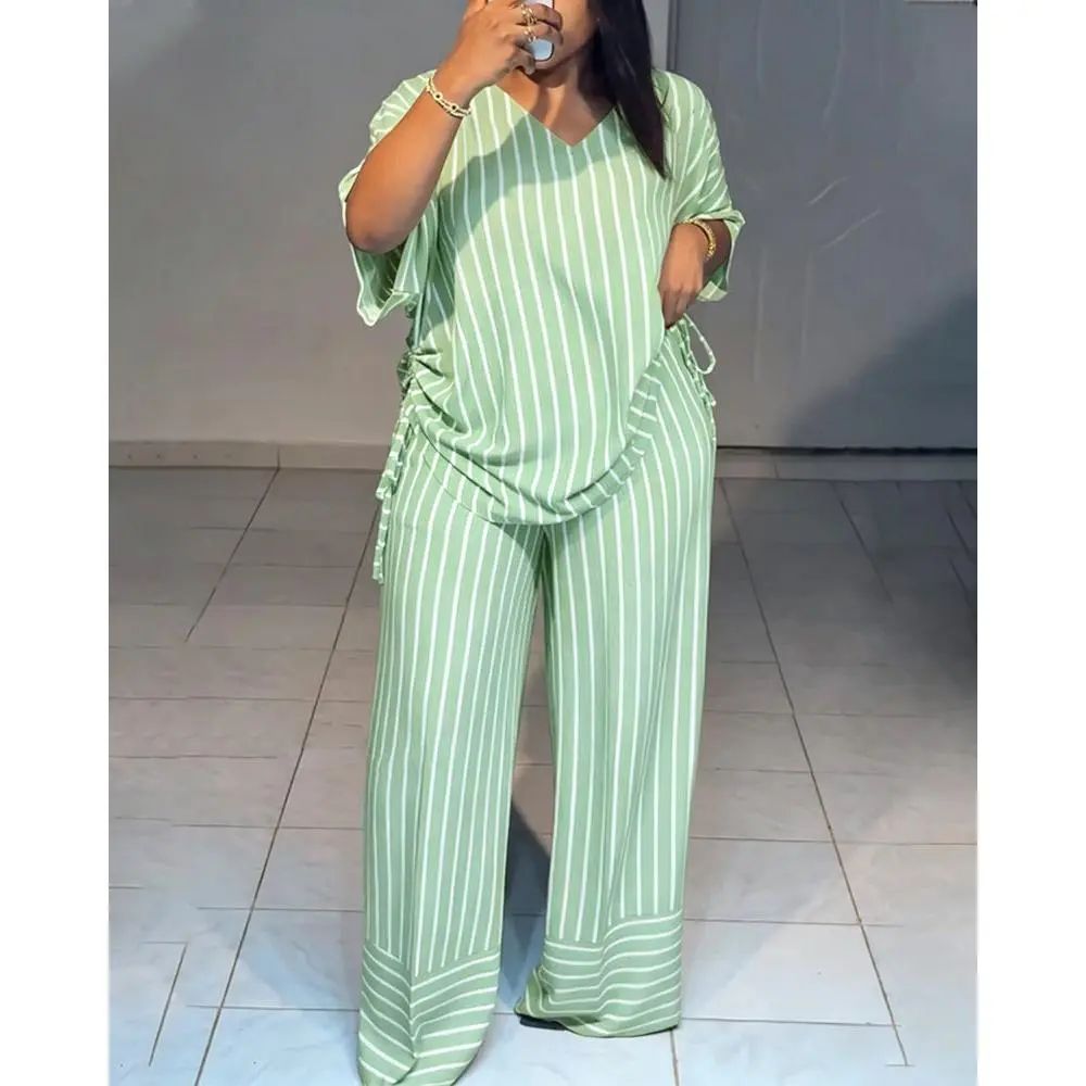 BreezeStyle Striped V-Neck Drawstring Wide-Leg Set