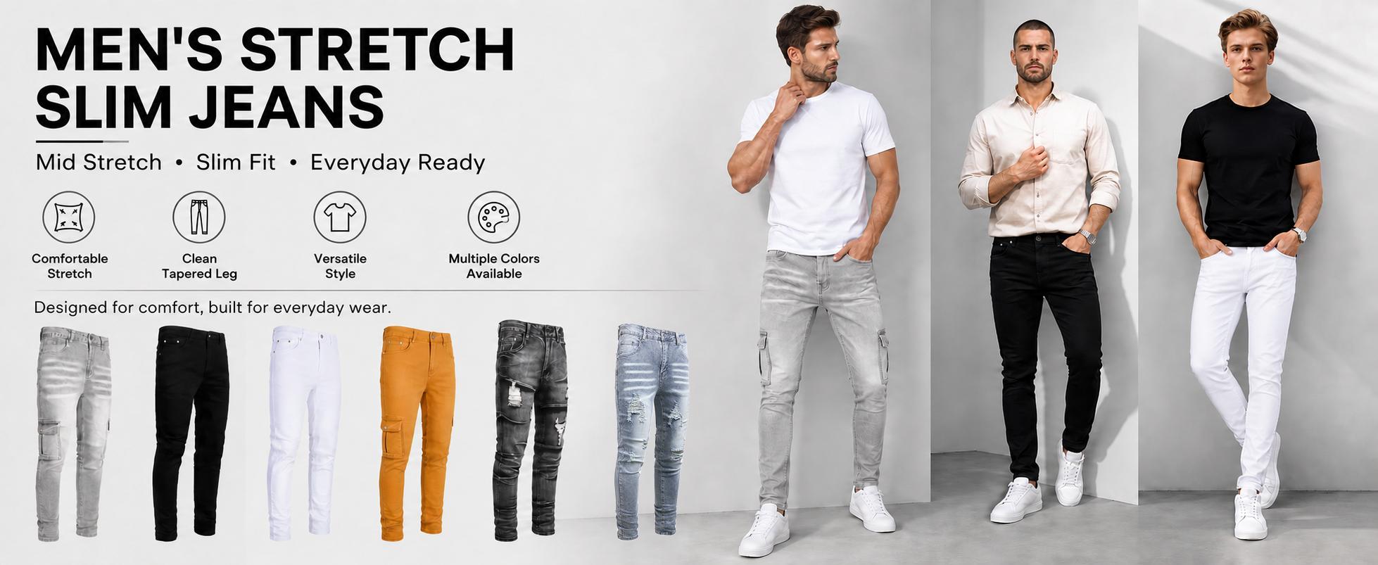 JUNBAOSS Menswear Men's Stretchy Skinny Denim Jeans - Elastized Comfort Waist, Distressed Ripped, Slim Tapered Leg, Full-Length Cotton Pants with Zipper, Classic Personalized Design, Hipster, Stylish