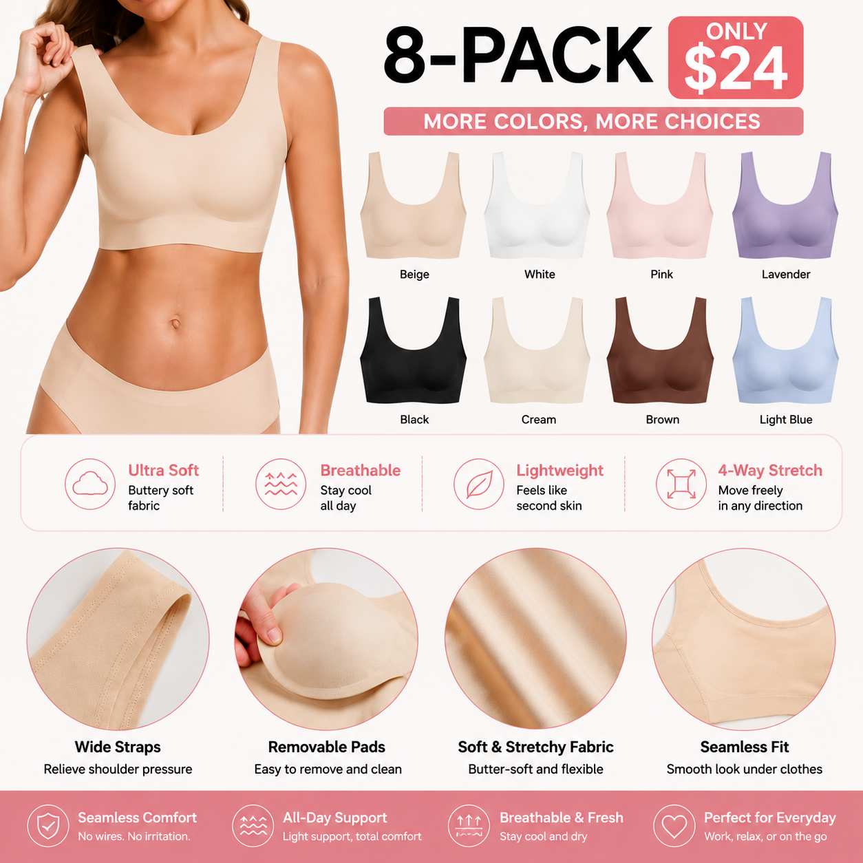 🔥LAST DAY SALE 70% OFF💕Seamless Bras for Women Full Coverage Wireless Bralette Widen Straps Side Comfortable Breathable Smooth