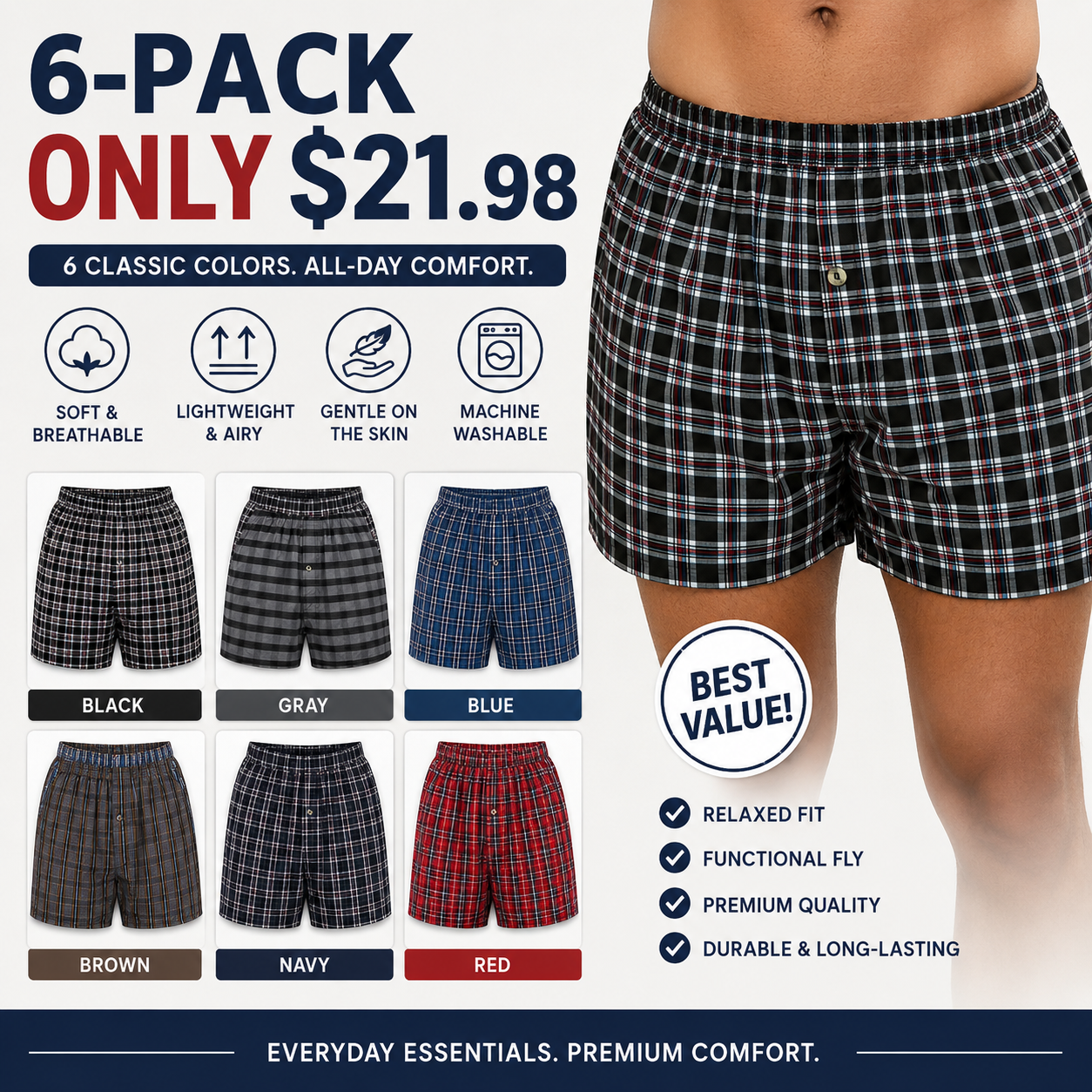 Men’s 100% Cotton Relaxed Fit Boxer Shorts – 6 Pack Breathable Everyday Underwear with Button Fly