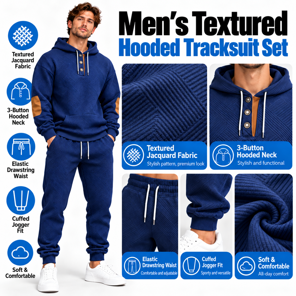 Men's Textured Jacquard Hooded Tracksuit Set