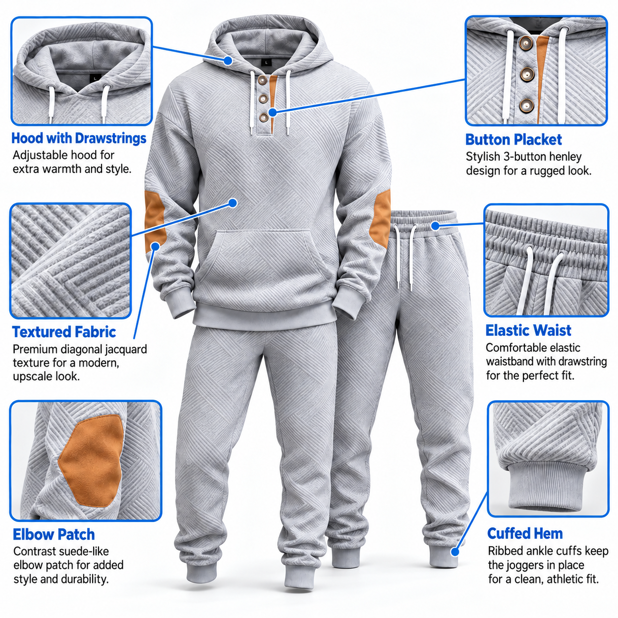 Men's Textured Jacquard Hooded Tracksuit Set