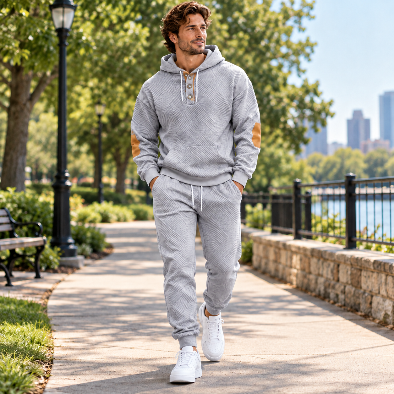 Men's Textured Jacquard Hooded Tracksuit Set