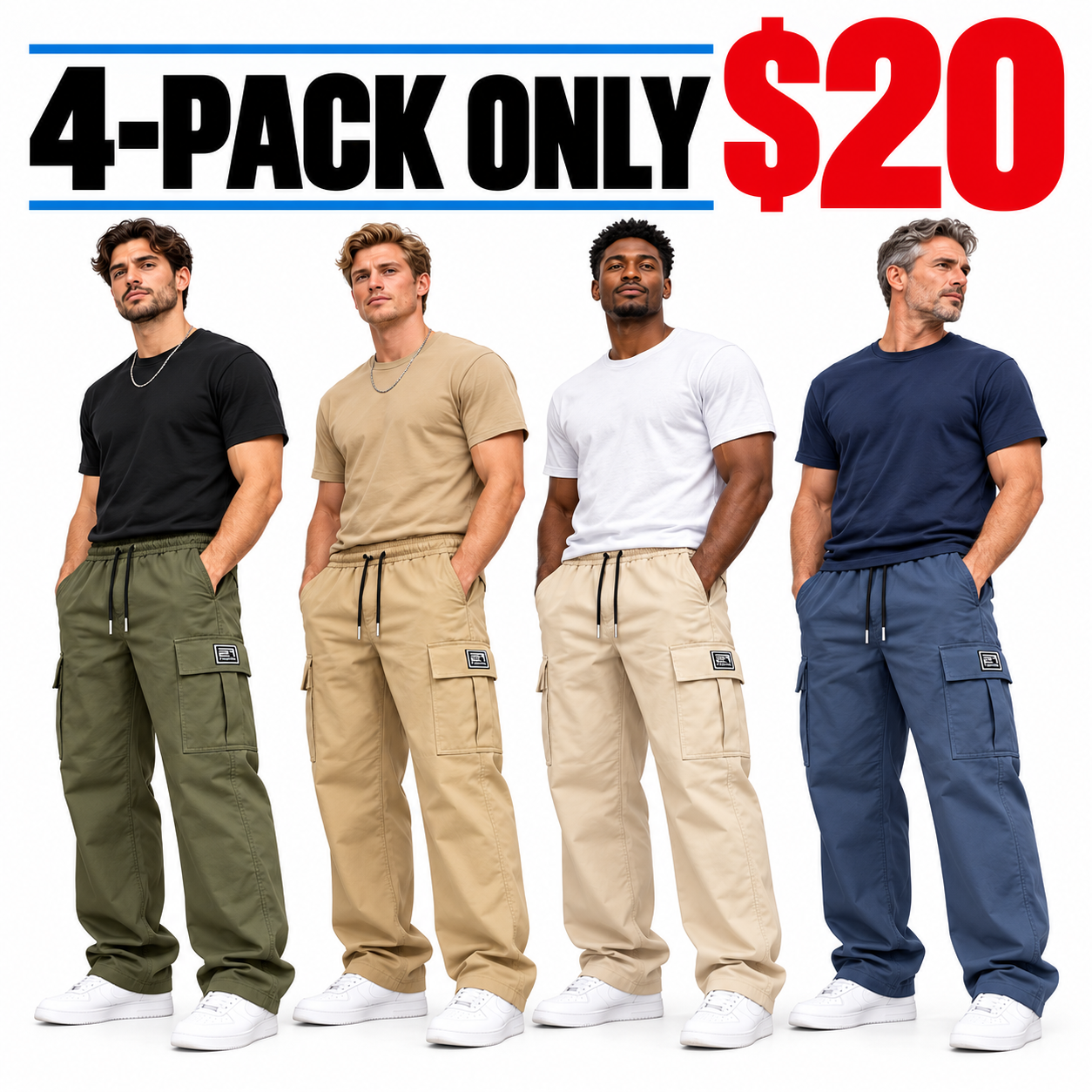 Men's Relaxed Cargo Pants – Elastic Drawstring Utility Pants with Multi-Pocket Storage
