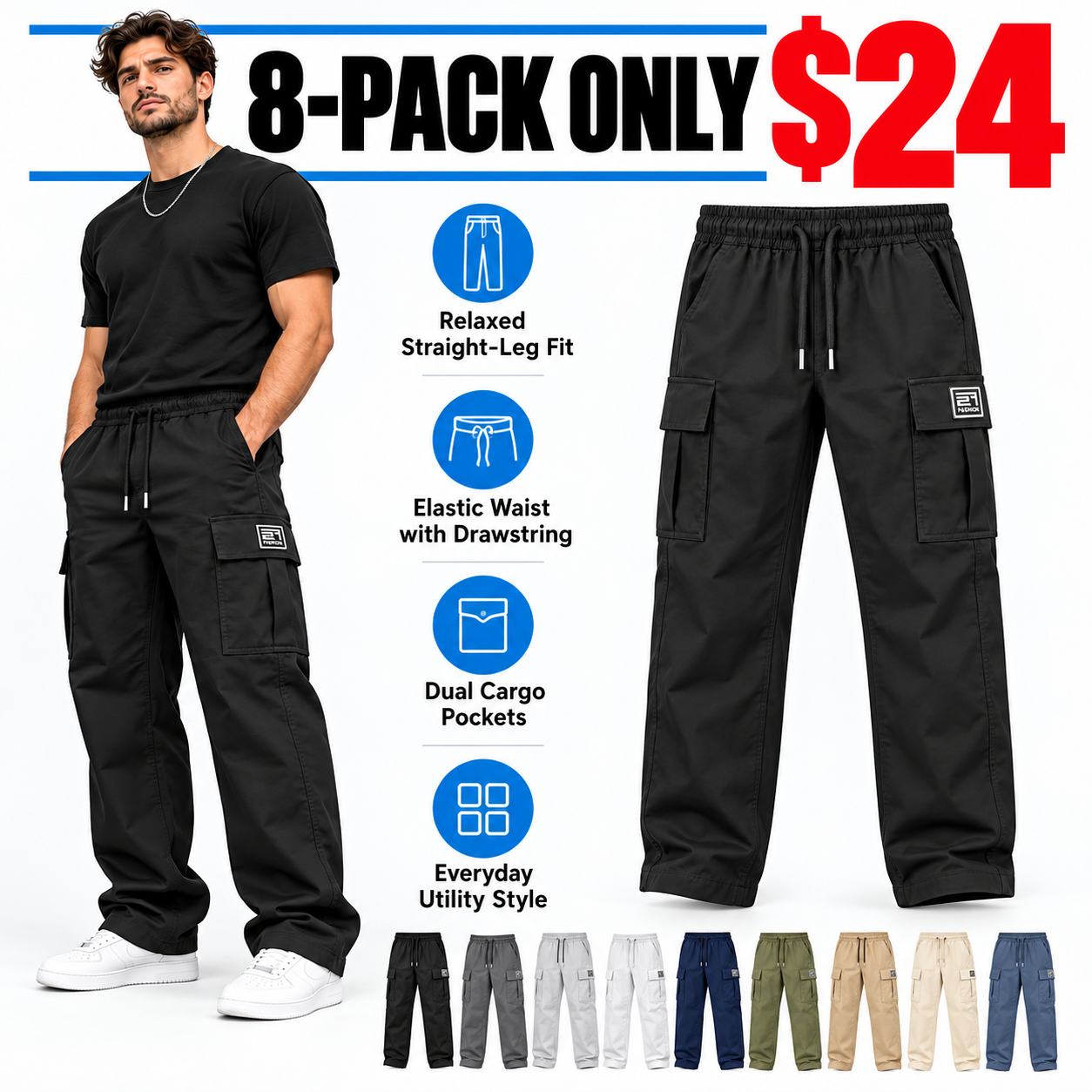 Men's Relaxed Cargo Pants – Elastic Drawstring Utility Pants with Multi-Pocket Storage