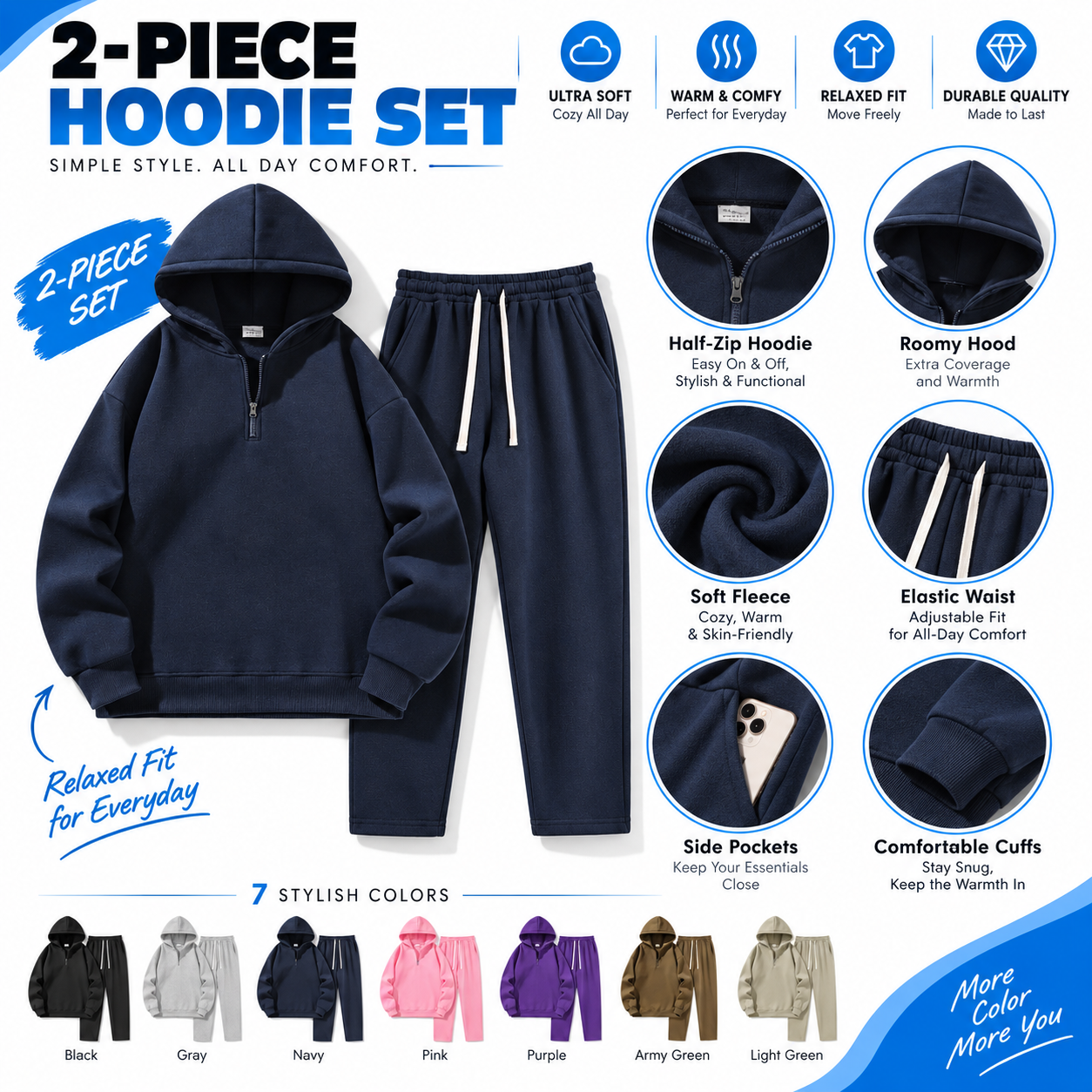 Men's Half-Zip Hoodie & Sweatpants Set – Plain Sporty Tracksuit with Drop Shoulder Design
