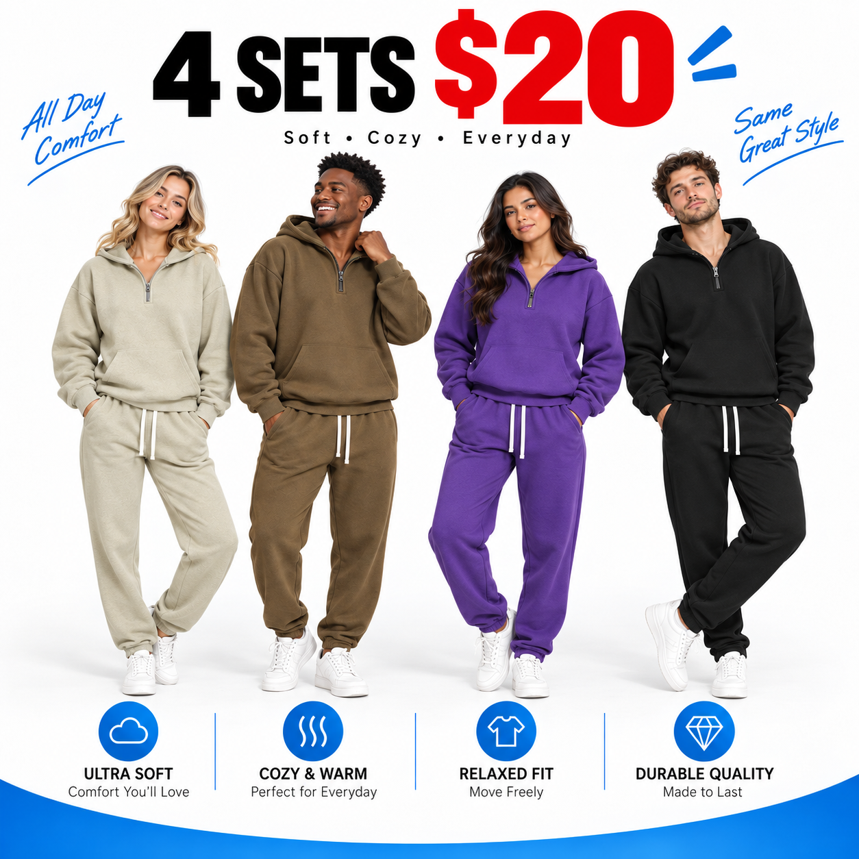 Men's Half-Zip Hoodie & Sweatpants Set – Plain Sporty Tracksuit with Drop Shoulder Design
