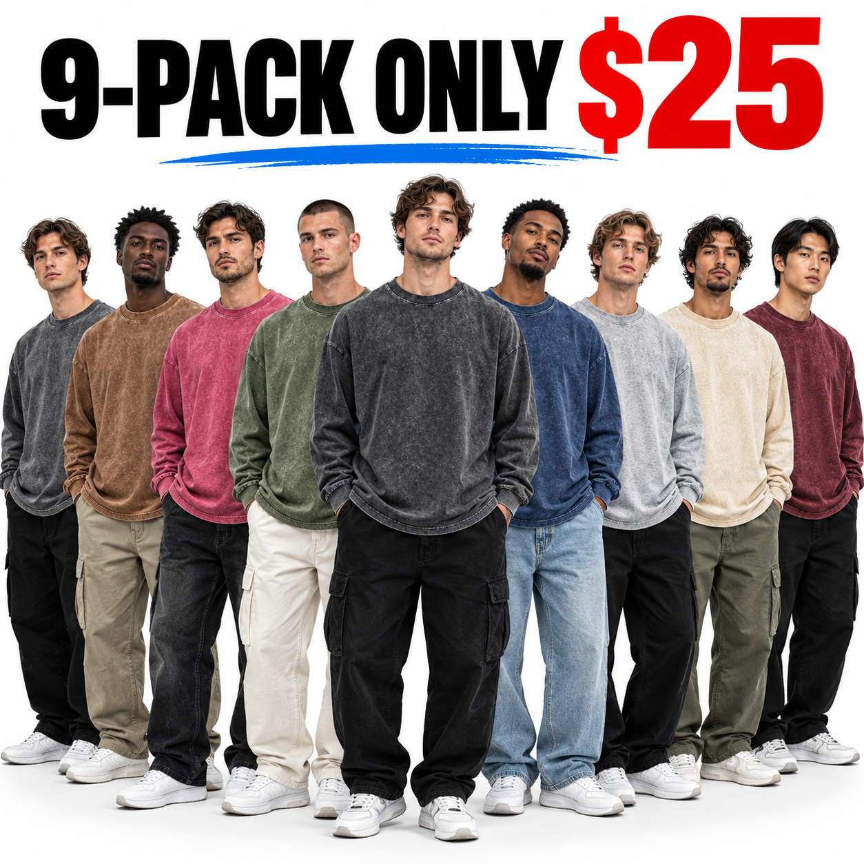 Men's Oversized Washed Distressed Cotton Long-Sleeve Crewneck T-Shirt