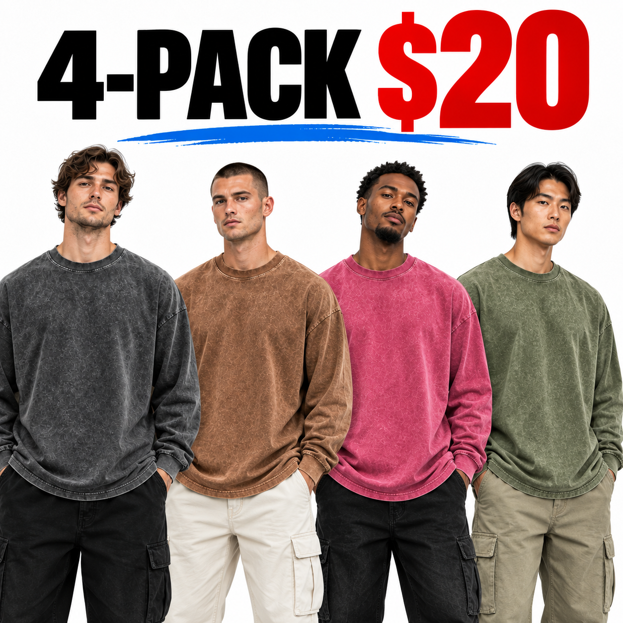 Men's Oversized Washed Distressed Cotton Long-Sleeve Crewneck T-Shirt