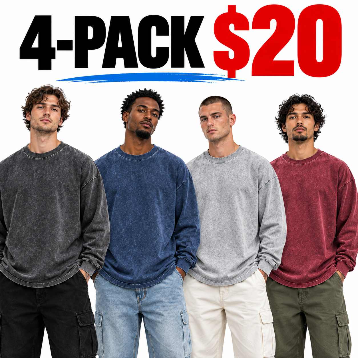 Men's Oversized Washed Distressed Cotton Long-Sleeve Crewneck T-Shirt