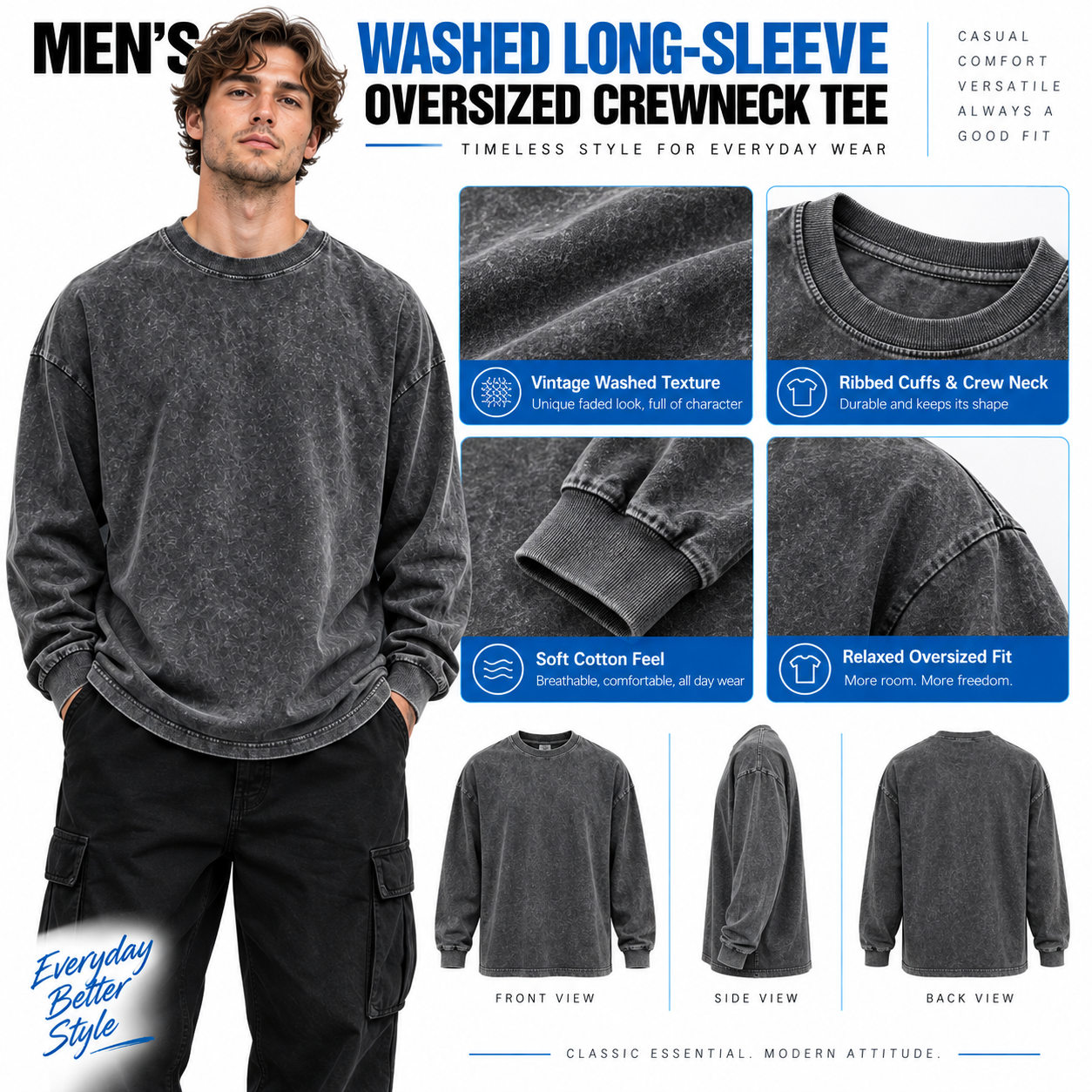 Men's Oversized Washed Distressed Cotton Long-Sleeve Crewneck T-Shirt