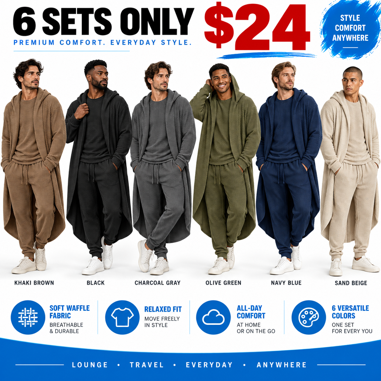 Men's Minimalist 3-Piece Waffle Knit Loungewear Set