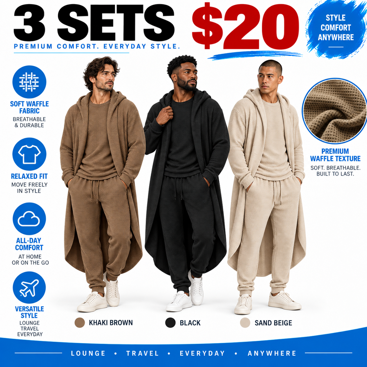 Men's Minimalist 3-Piece Waffle Knit Loungewear Set
