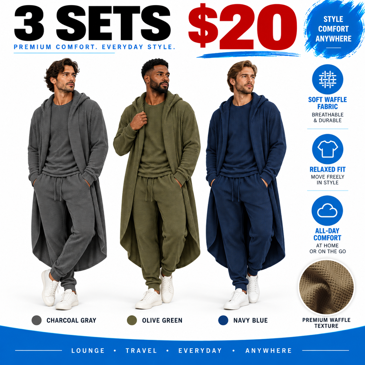 Men's Minimalist 3-Piece Waffle Knit Loungewear Set
