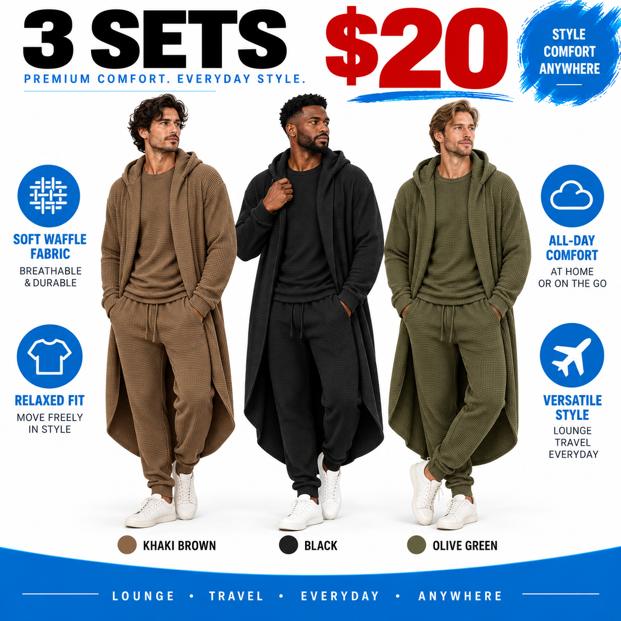 Men's Minimalist 3-Piece Waffle Knit Loungewear Set