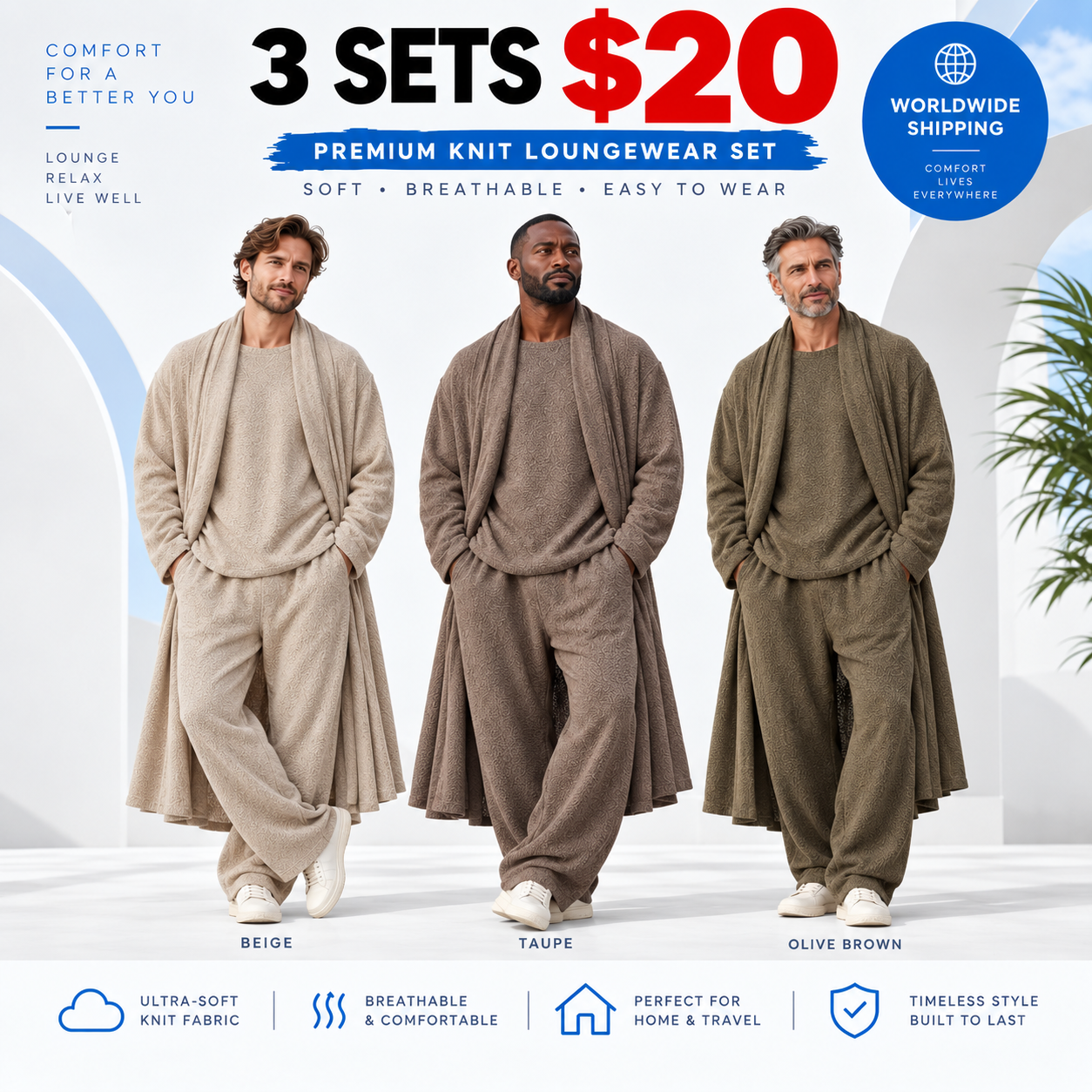 Men's 3-Piece Stretchy Crew Neck Long Sleeve Spandex Menswear Set