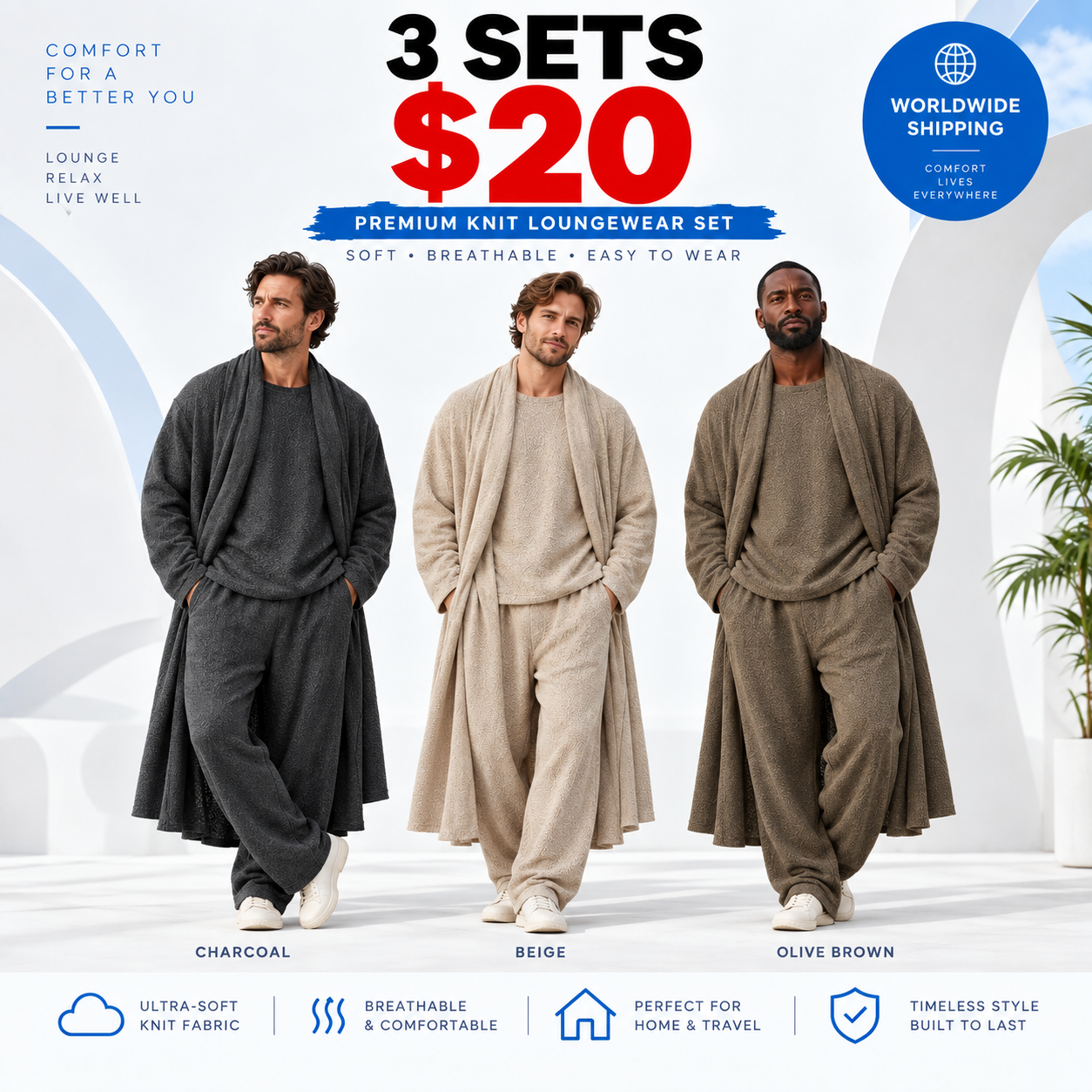 Men's 3-Piece Stretchy Crew Neck Long Sleeve Spandex Menswear Set