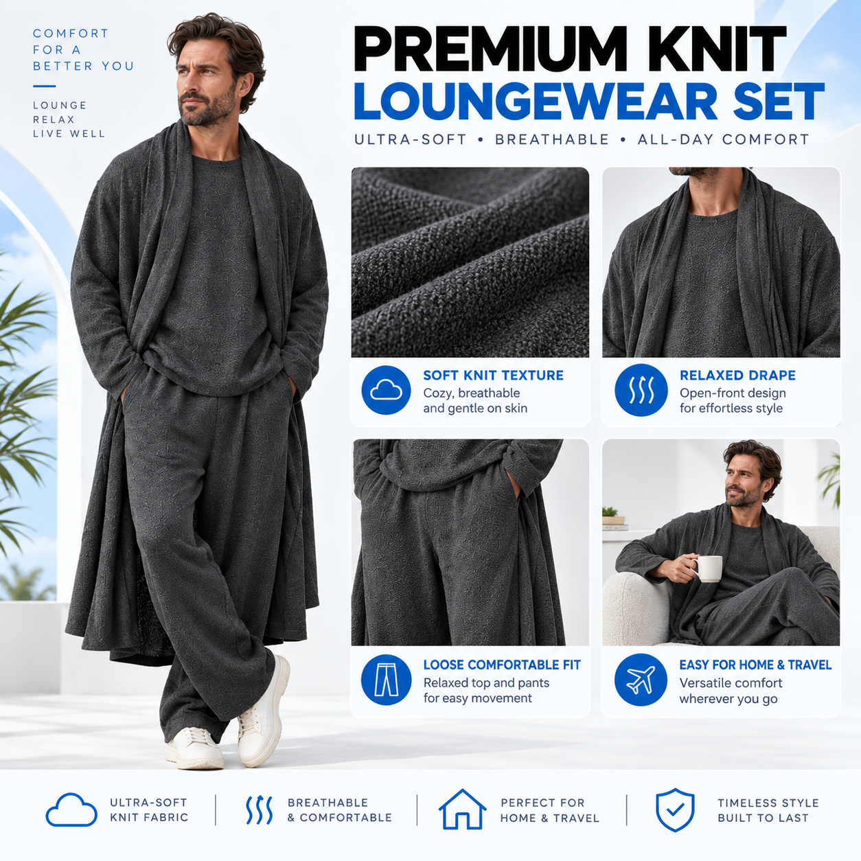 Men's 3-Piece Stretchy Crew Neck Long Sleeve Spandex Menswear Set