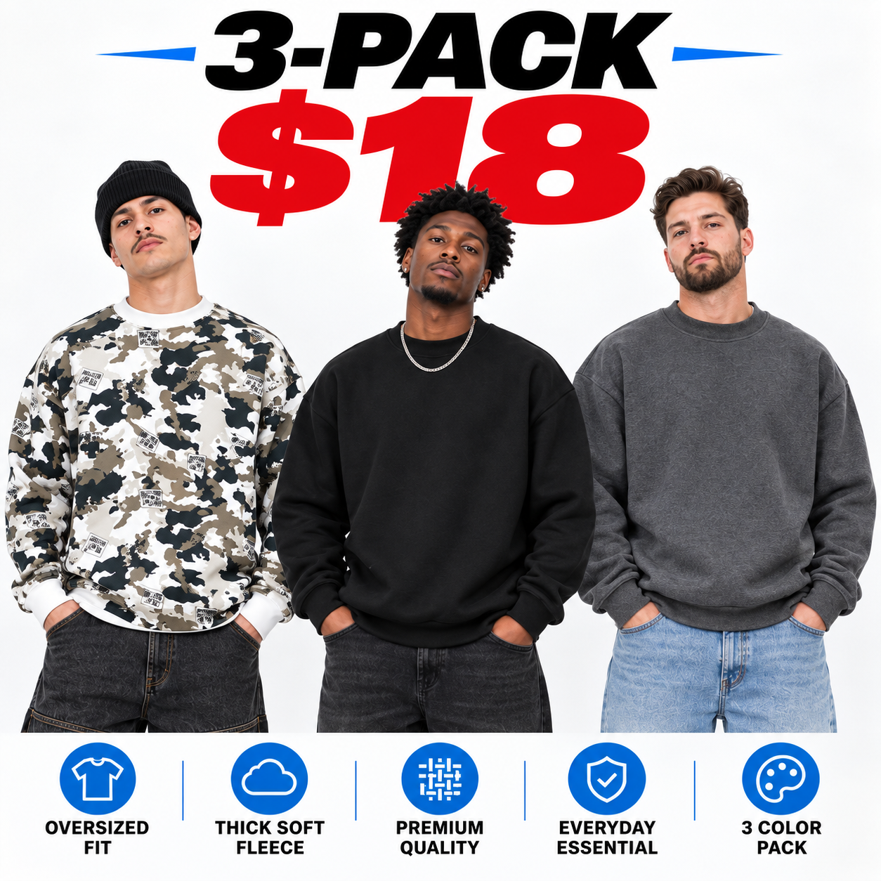 Men's 13oz Heavyweight Fleece Crewneck Sweatshirt – Relaxed Oversized Long Sleeve