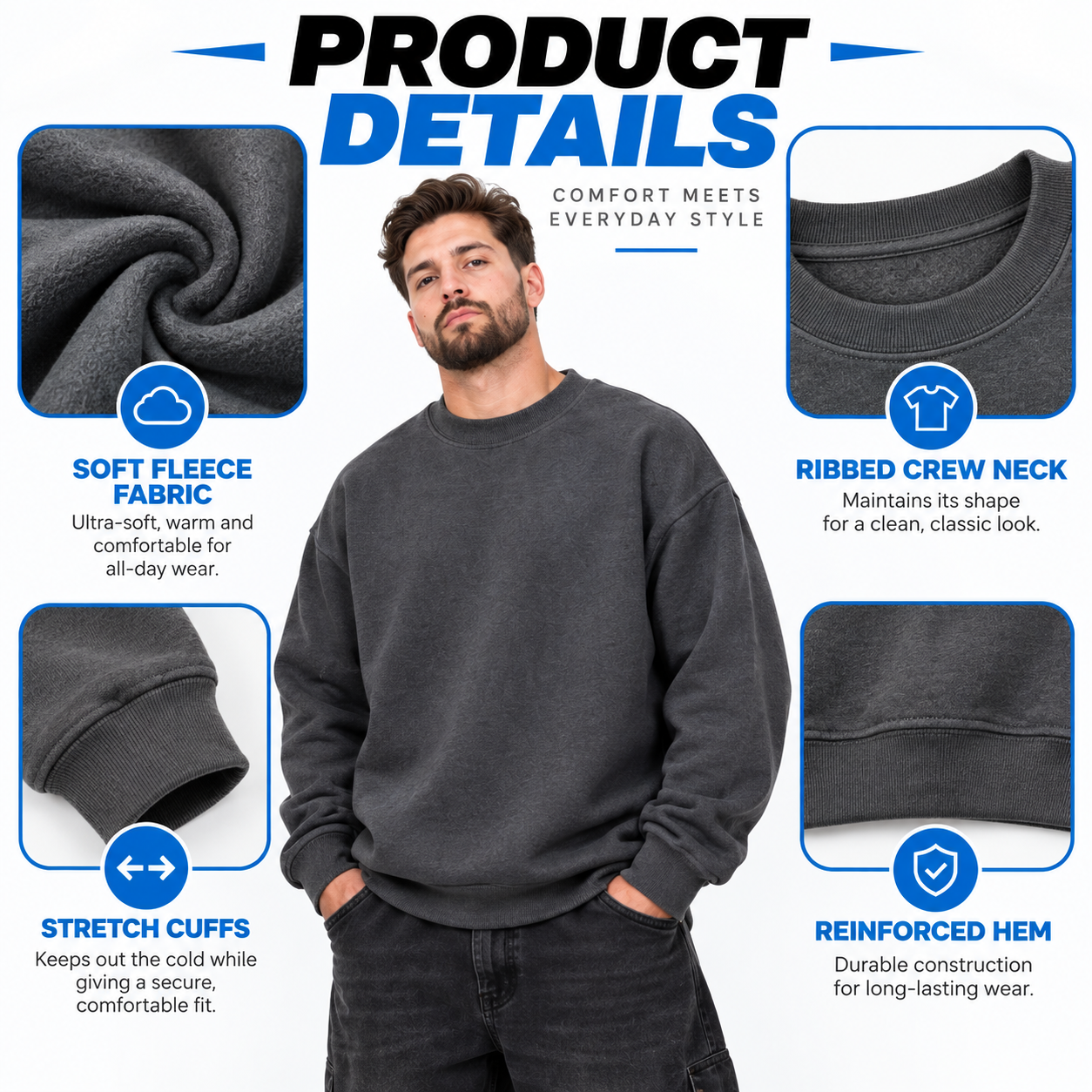 Men's 13oz Heavyweight Fleece Crewneck Sweatshirt – Relaxed Oversized Long Sleeve