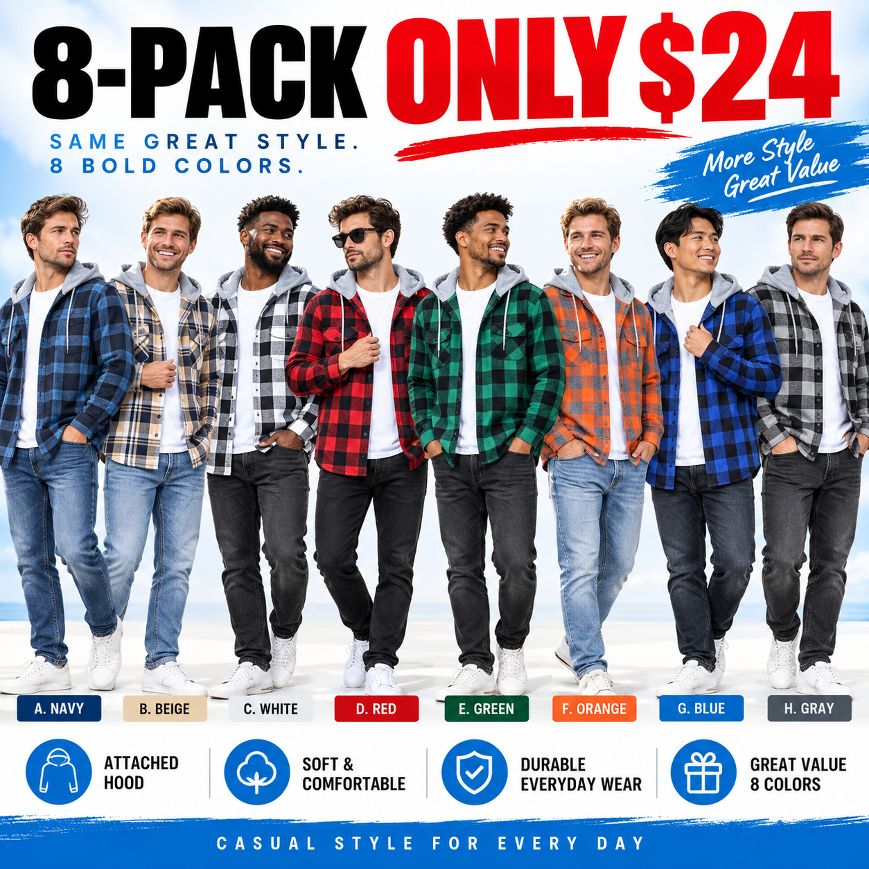 Men's Flannel Hooded Shirt-Jacket – Button Front Plaid Casual Outerwear