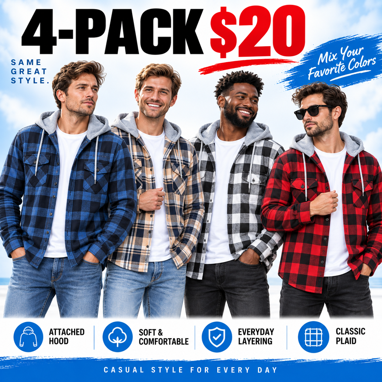 Men's Flannel Hooded Shirt-Jacket – Button Front Plaid Casual Outerwear