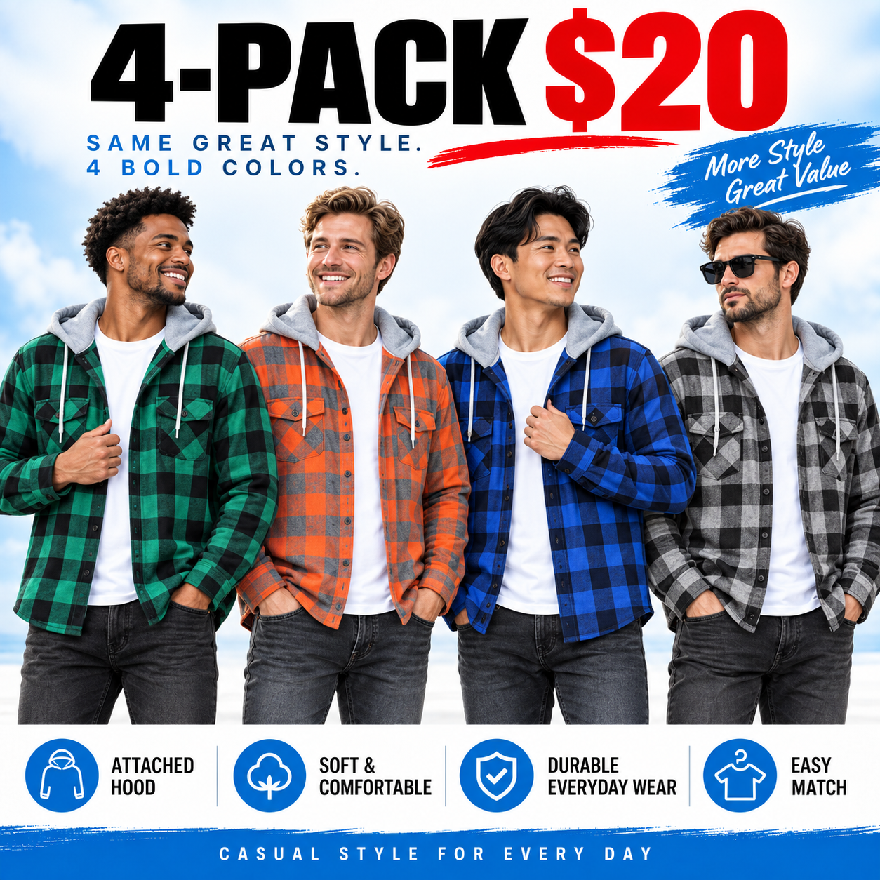 Men's Flannel Hooded Shirt-Jacket – Button Front Plaid Casual Outerwear