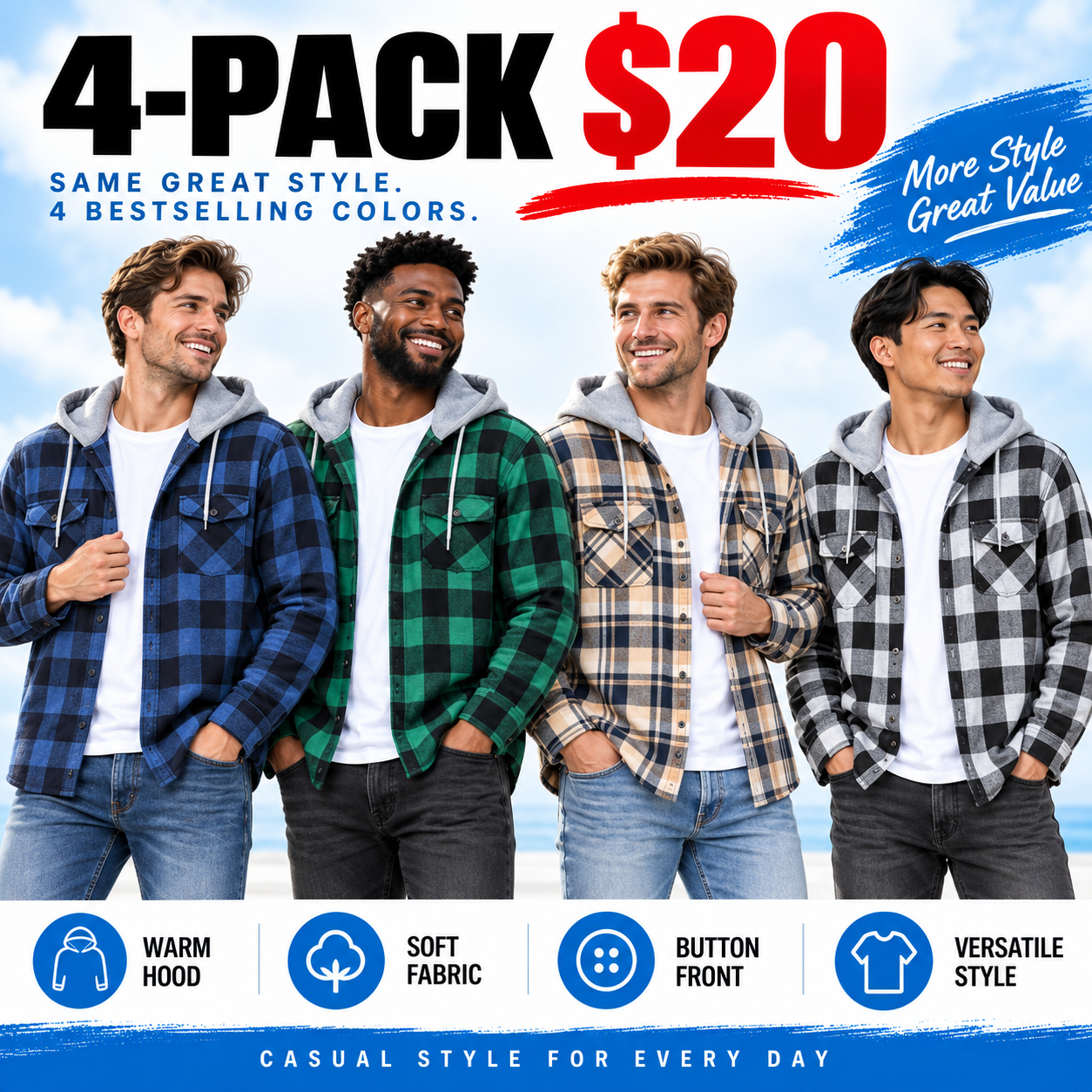 Men's Flannel Hooded Shirt-Jacket – Button Front Plaid Casual Outerwear