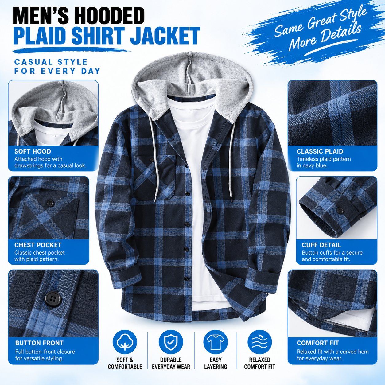 Men's Flannel Hooded Shirt-Jacket – Button Front Plaid Casual Outerwear