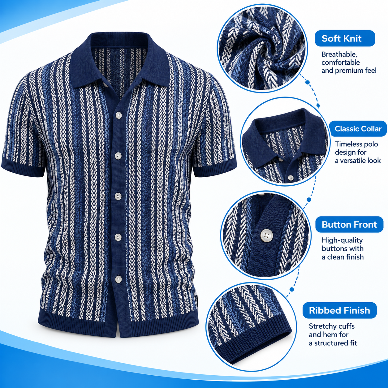 Men's Retro Short Sleeve Button Shirt – Lightweight Striped Polo