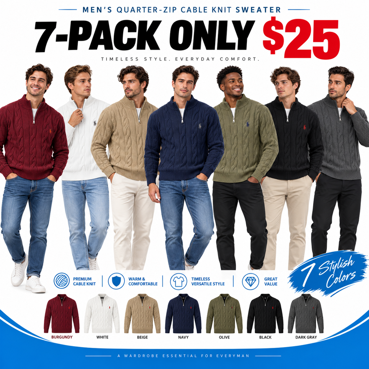 Men's Quarter-Zip Cable Knit Sweater – Classic Mock Neck Pullover for Everyday Comfort