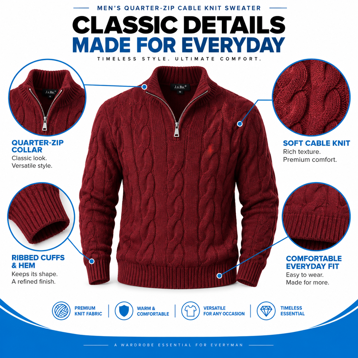 Men's Quarter-Zip Cable Knit Sweater – Classic Mock Neck Pullover for Everyday Comfort