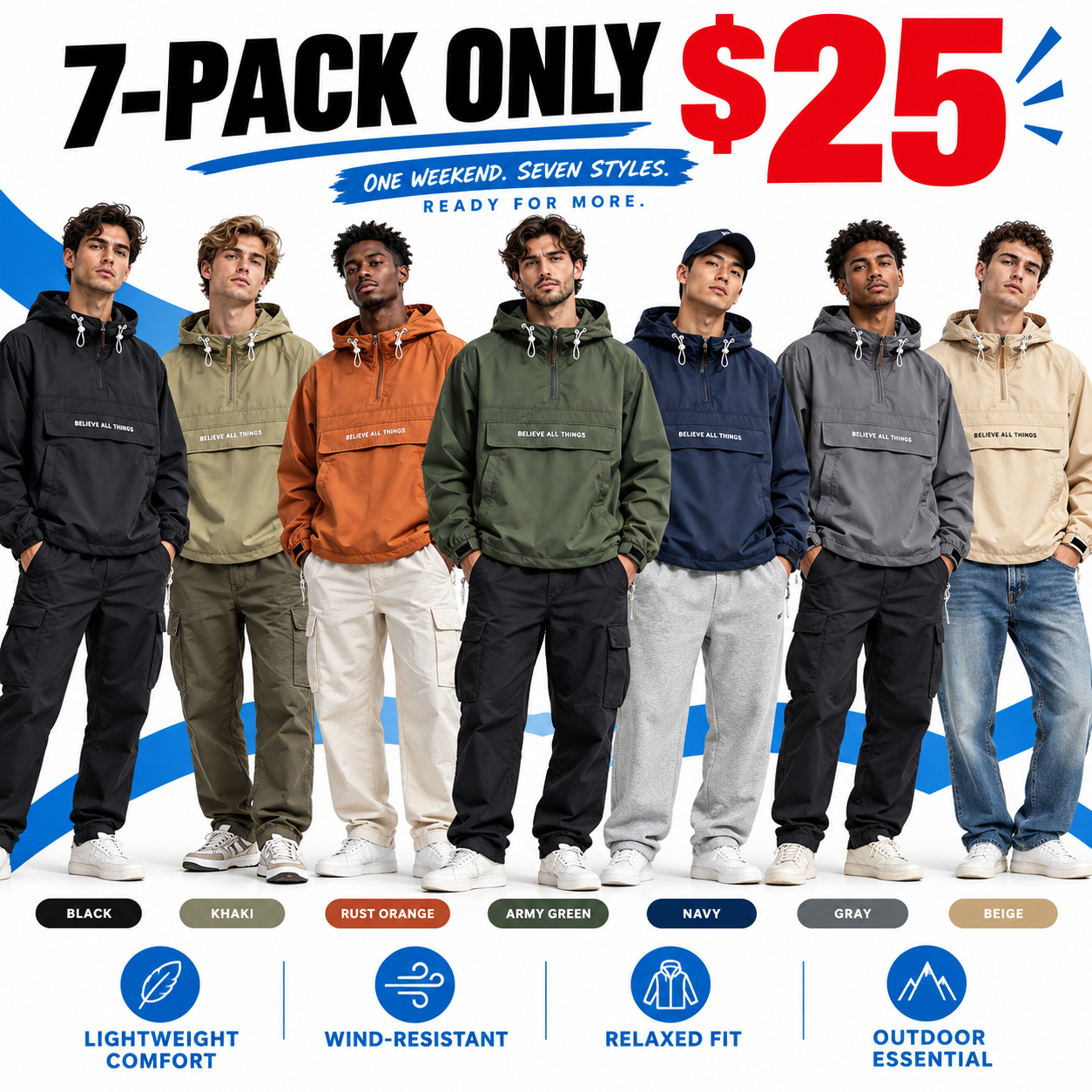 Men's Half-Zip Hooded Windbreaker – Lightweight Oversized Casual Outdoor Jacket