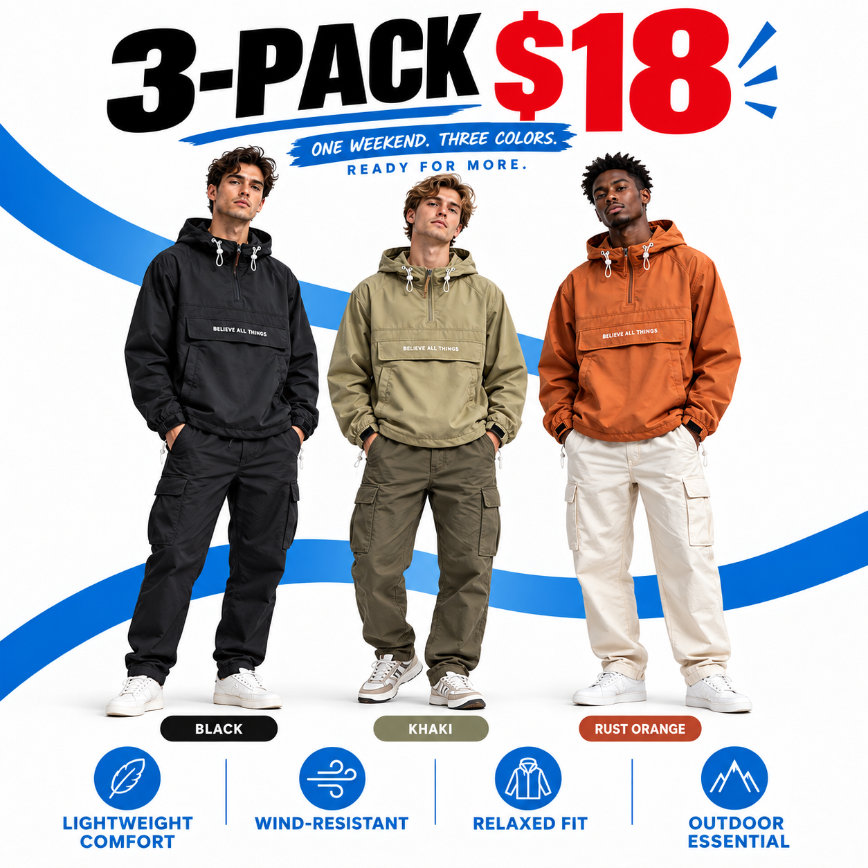 Men's Half-Zip Hooded Windbreaker – Lightweight Oversized Casual Outdoor Jacket