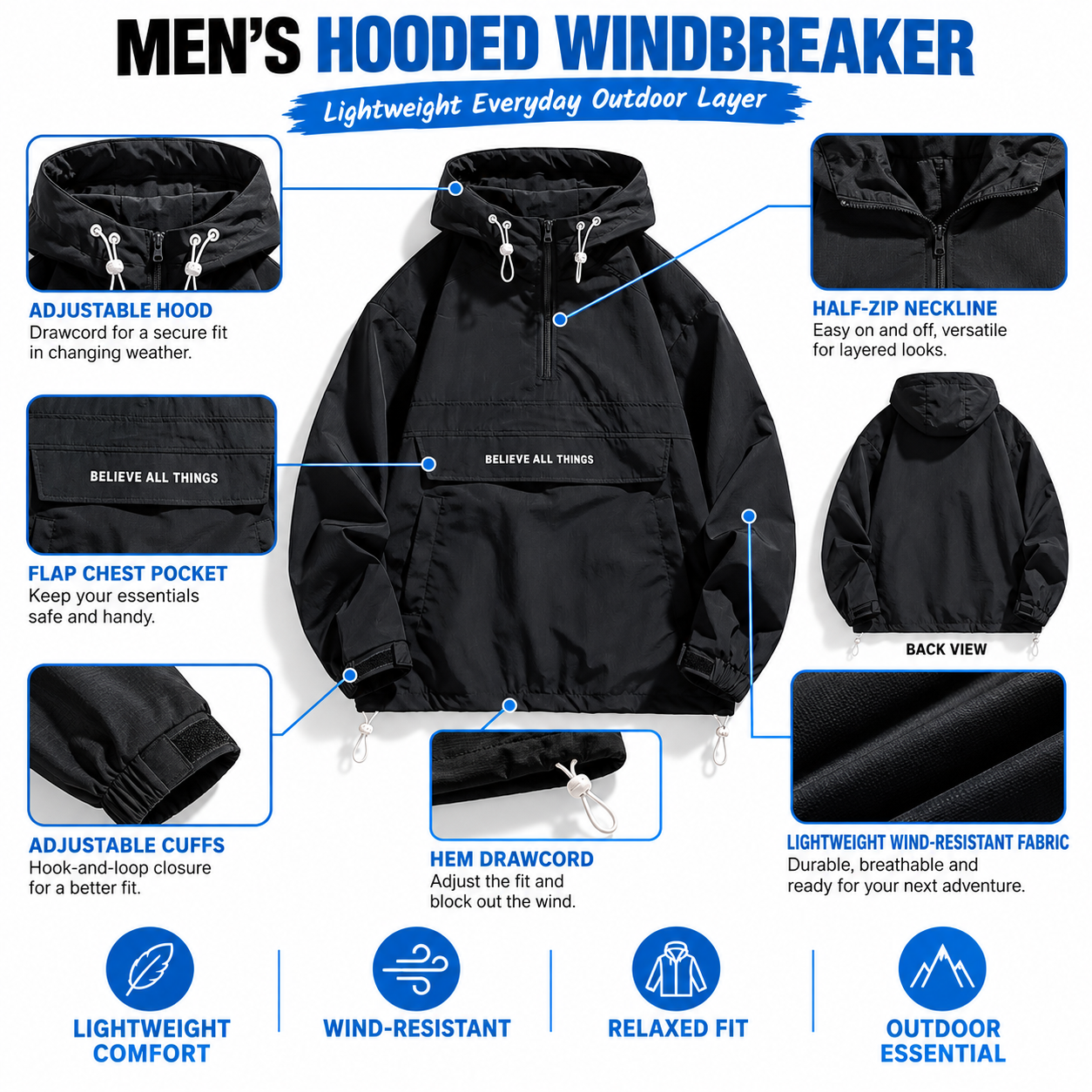 Men's Half-Zip Hooded Windbreaker – Lightweight Oversized Casual Outdoor Jacket