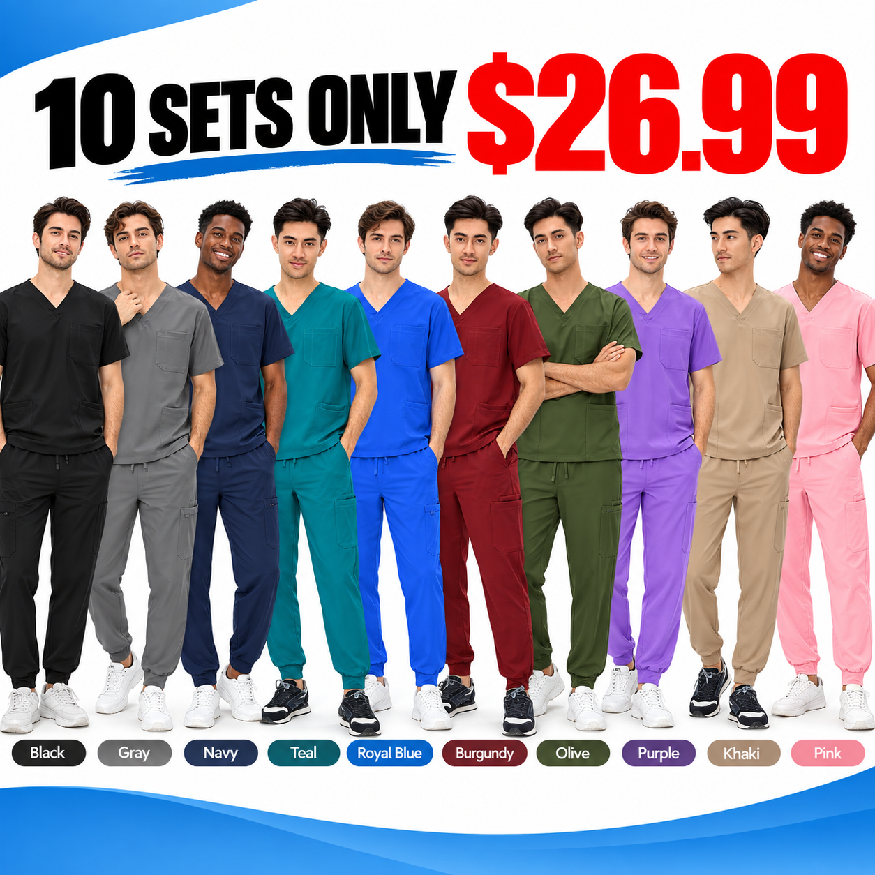 Men's Professional 4-Pocket V-Neck Scrub Top & 7-Pocket Jogger Pants Set