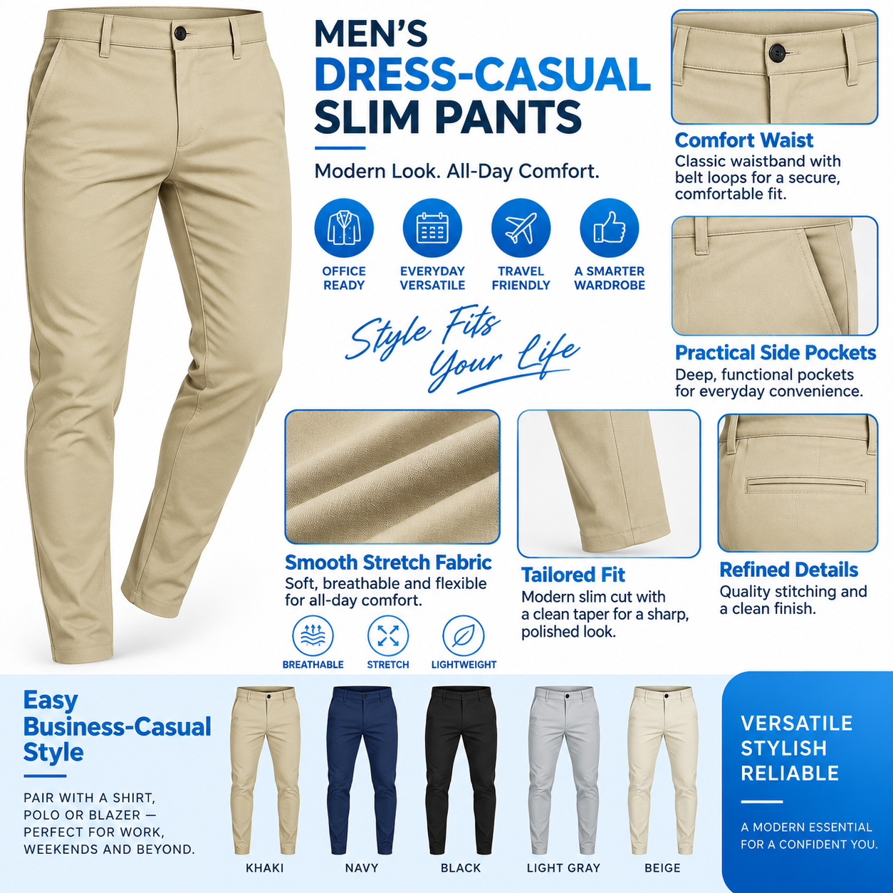 Men's Slim Fit Stretch Dress Pants – Tapered Casual Chinos with Flat Front
