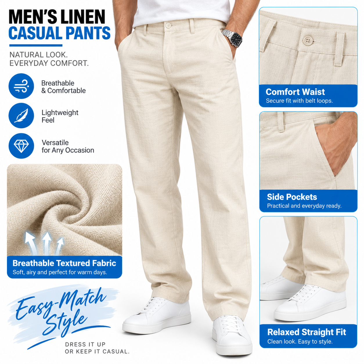 Men's Linen Casual Pants - Breathable Lightweight Straight-Leg Trousers for Warm Weather