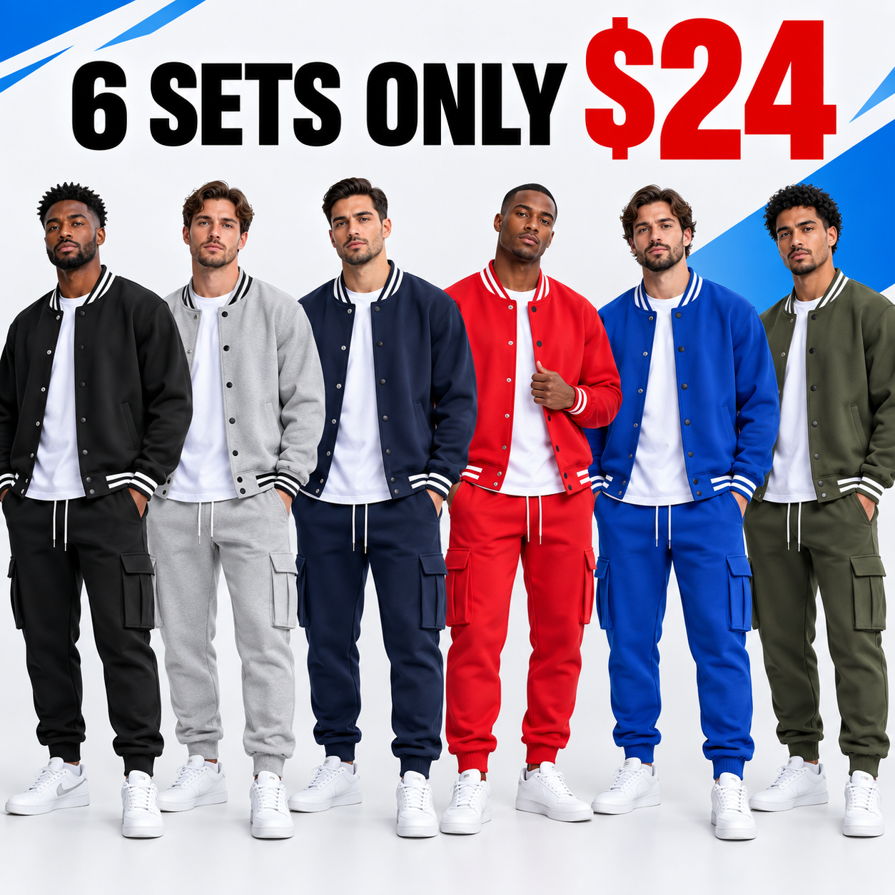 Men's Baseball Jacket & Cargo Pants Set - Fleece Lined Windproof Streetwear Activewear