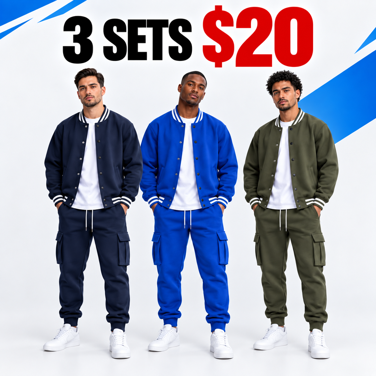 Men's Baseball Jacket & Cargo Pants Set - Fleece Lined Windproof Streetwear Activewear