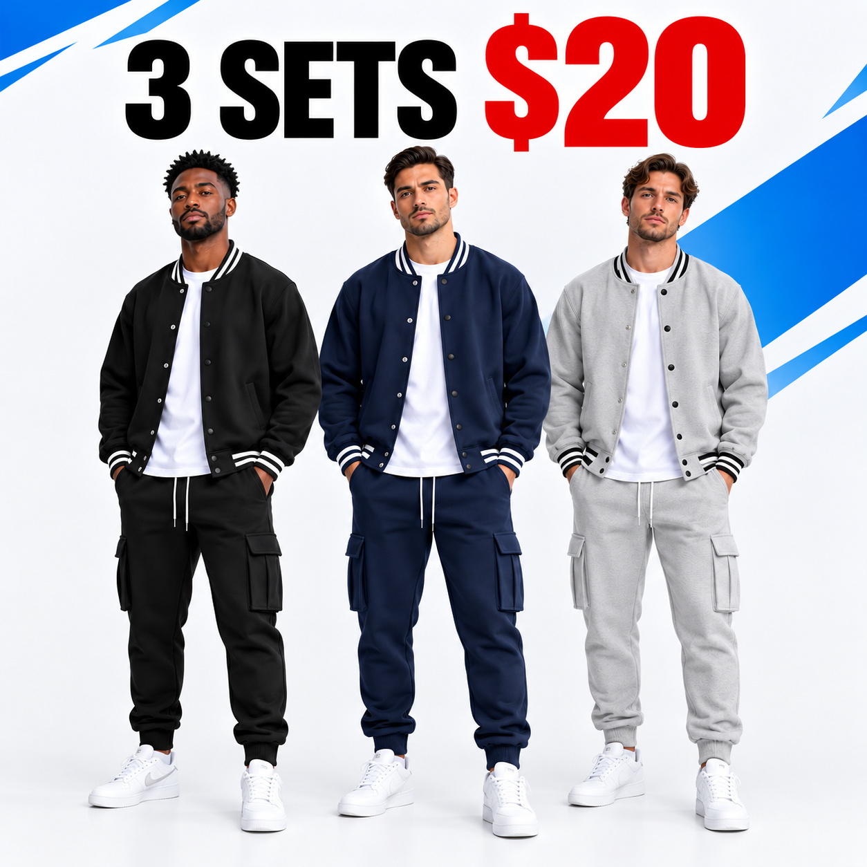 Men's Baseball Jacket & Cargo Pants Set - Fleece Lined Windproof Streetwear Activewear