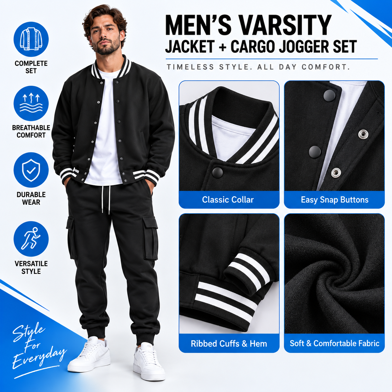 Men's Baseball Jacket & Cargo Pants Set - Fleece Lined Windproof Streetwear Activewear